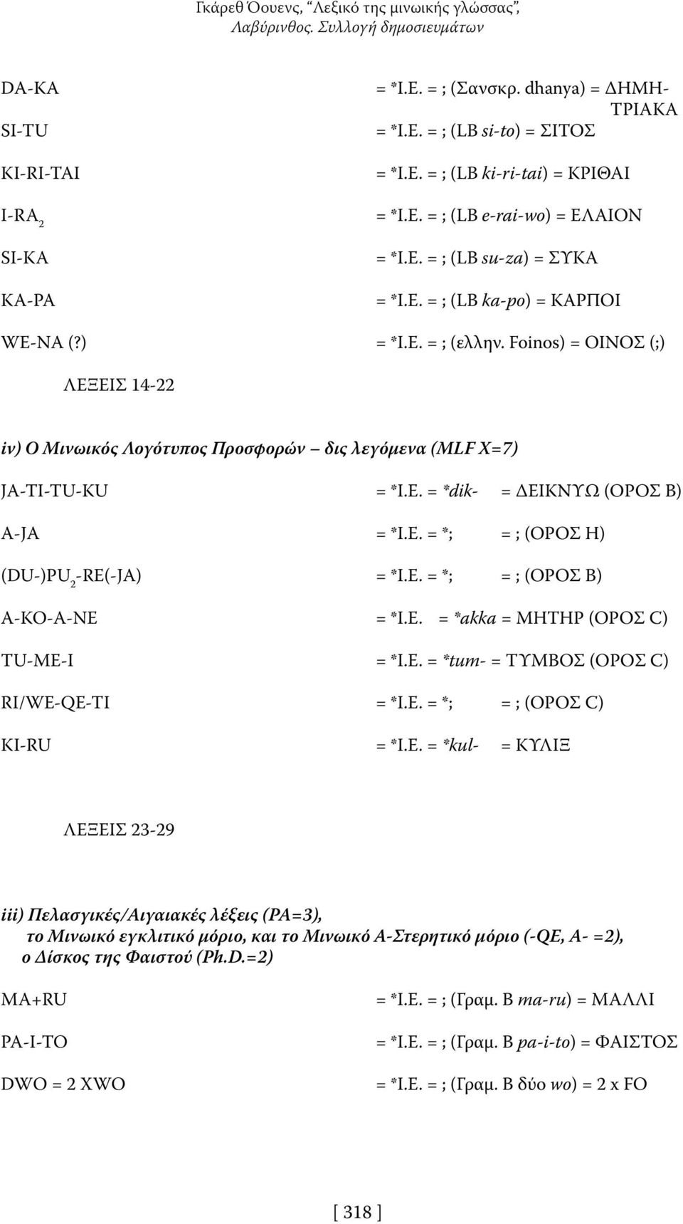 Foinos) = ΟΙΝΟΣ (;) ΛΕΞΕΙΣ 14-22 iv) Ο Μινωικός Λογότυπος Προσφορών δις λεγόμενα (MLF X=7) JA-TI-TU-KU = *I.E. = *dik- = ΔΕΙΚΝΥΩ (ΟΡΟΣ B) A-JA = *I.E. = *; = ; (ΟΡΟΣ H) (DU-)PU 2 -RE(-JA) = *I.E. = *; = ; (ΟΡΟΣ B) A-KO-A-NE = *I.
