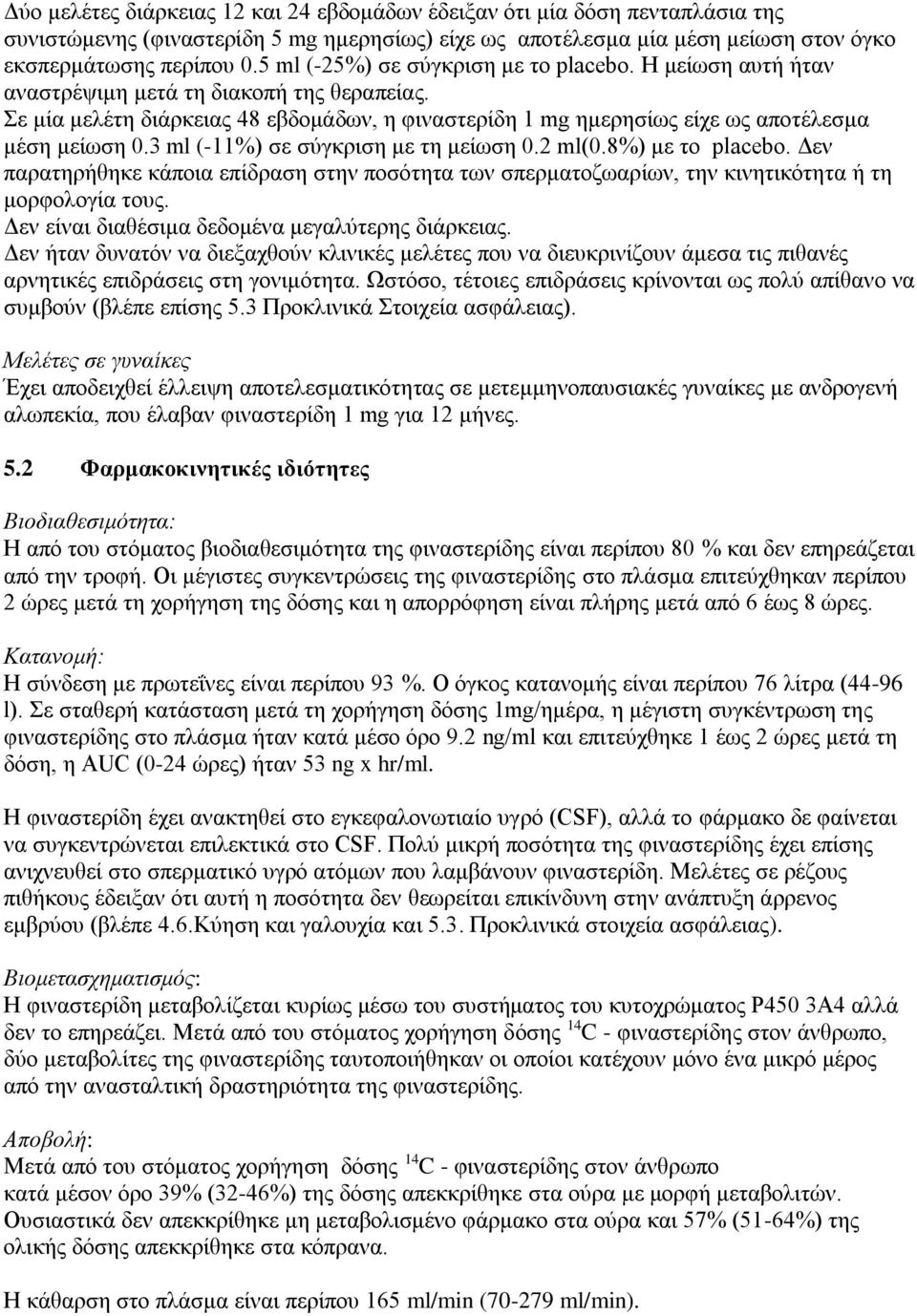 Σε μία μελέτη διάρκειας 48 εβδομάδων, η φιναστερίδη 1 mg ημερησίως είχε ως αποτέλεσμα μέση μείωση 0.3 ml (-11%) σε σύγκριση με τη μείωση 0.2 ml(0.8%) με το placebo.