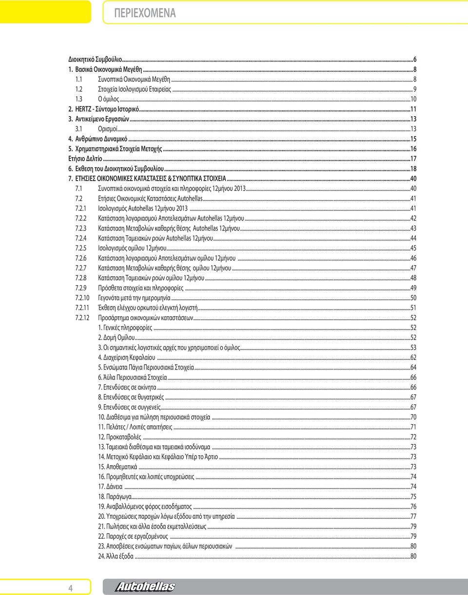 ΕΤΗΣΙΕΣ ΟΙΚΟΝΟΜΙΚΕΣ ΚΑΤΑΣΤΑΣΕΙΣ & ΣΥΝΟΠΤΙΚΑ ΣΤΟΙΧΕΙΑ...40 7.1 Συνοπτικά οικονομικά στοιχεία και πληροφορίες 12μήνου 2013...40 7.2 Ετήσιες Οικονομικές Καταστάσεις Autohellas...41 7.2.1 Ισολογισμός Autohellas 12μήνου 2013.