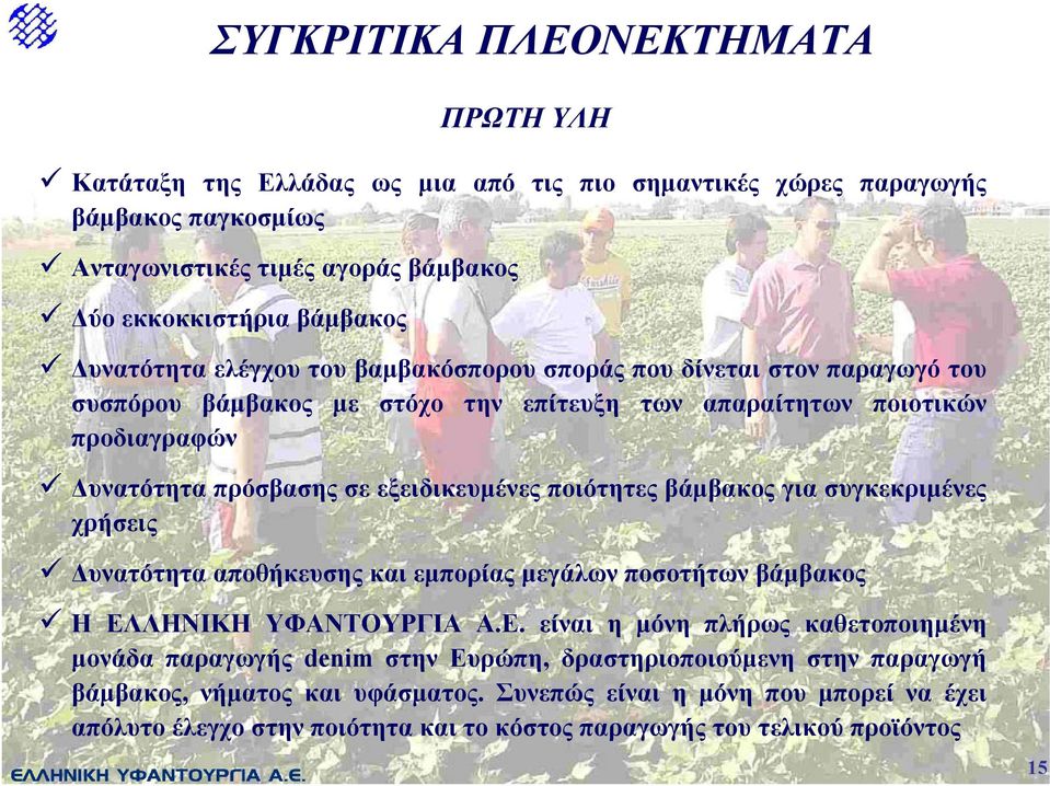 ποιότητες βάµβακος για συγκεκριµένες χρήσεις υνατότητα αποθήκευσης και εµπορίας µεγάλων ποσοτήτων βάµβακος Η ΕΛ