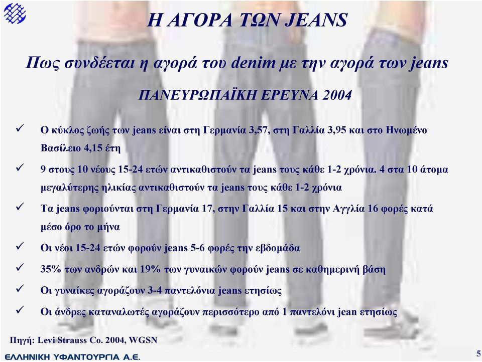 4 στα 10 άτοµα µεγαλύτερης ηλικίας αντικαθιστούν τα jeans τους κάθε 1-2 χρόνια Τα jeans φοριούνται στη Γερµανία 17, στην Γαλλία 15 και στην Αγγλία 16 φορές κατά µέσο όρο το µήνα Οι