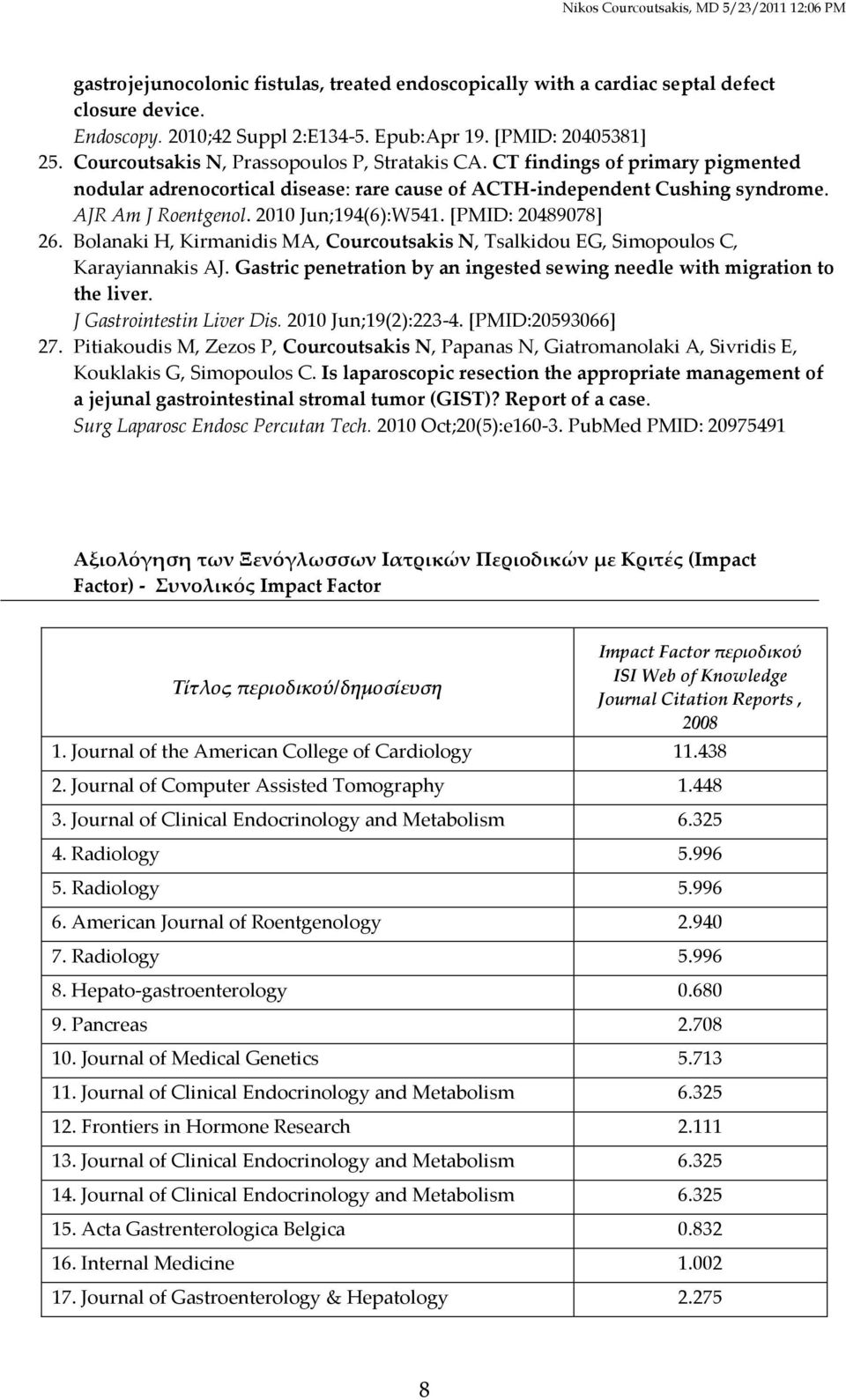 2010 Jun;194(6):W541. [PMID: 20489078] 26. Bolanaki H, Kirmanidis MA, Courcoutsakis N, Tsalkidou EG, Simopoulos C, Karayiannakis AJ.