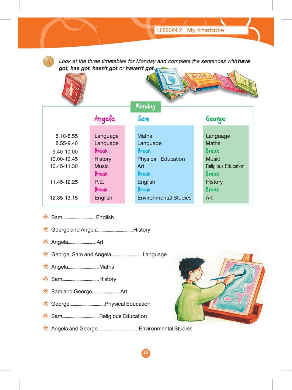 30 Music Art Religious Education Break Break Break 11.45-12.25 P.E. English History Break Break Break 12.35-13.15 English Environmental Studies Art Sam.