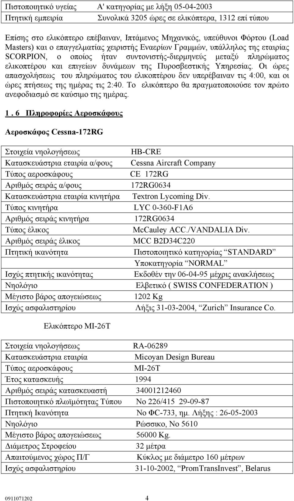 Υπηρεσίας. Οι ώρες απασχολήσεως του πληρώµατος του ελικοπτέρου δεν υπερέβαιναν τις 4:00, και οι ώρες πτήσεως της ηµέρας τις 2:40.