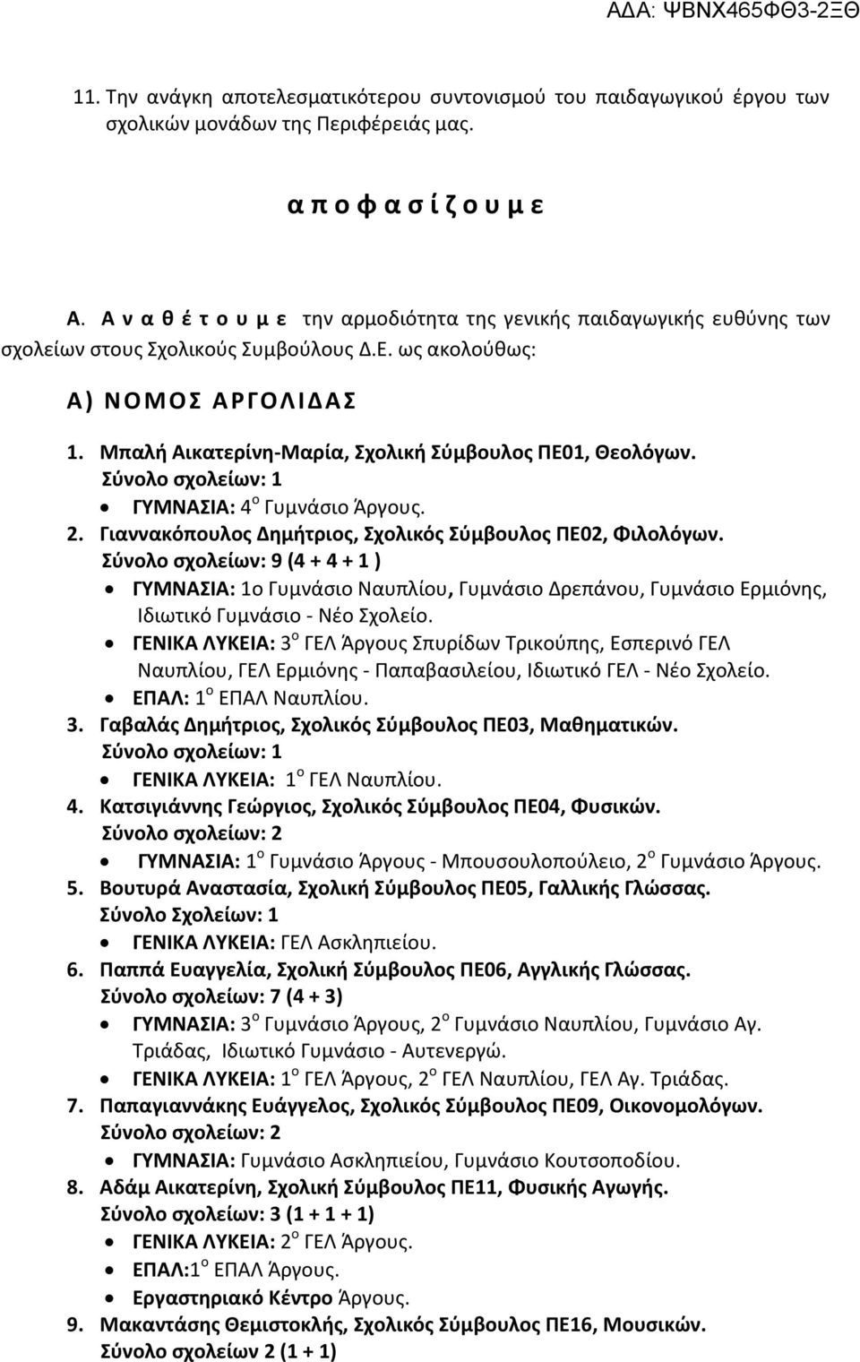 Μπαλή Αικατερίνη-Μαρία, Σχολική Σύμβουλος ΠΕ01, Θεολόγων. ΓΥΜΝΑΣΙΑ: 4 ο Γυμνάσιο Άργους. 2. Γιαννακόπουλος Δημήτριος, Σχολικός Σύμβουλος ΠΕ02, Φιλολόγων.