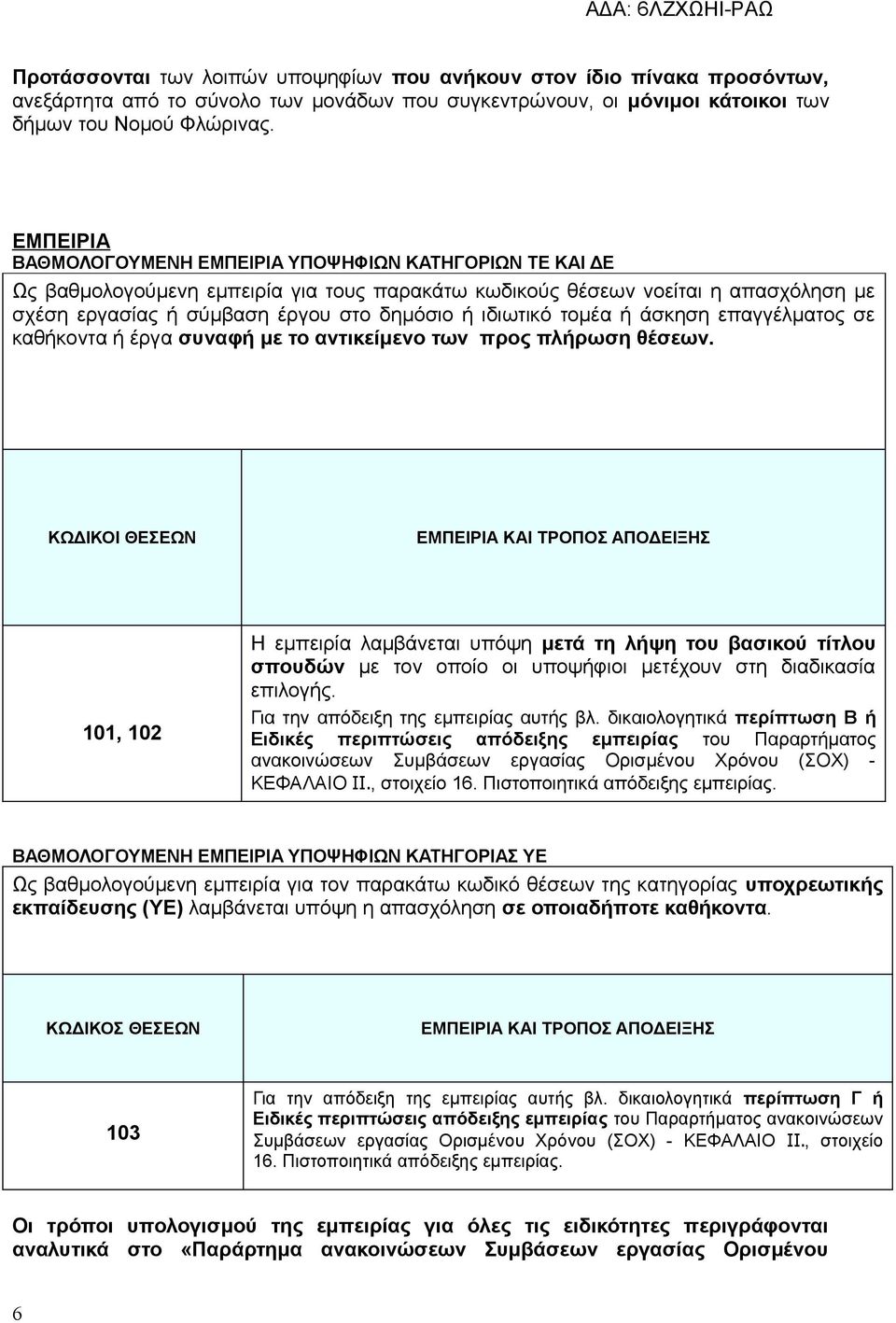 ιδιωτικό τομέα ή άσκηση επαγγέλματος σε καθήκοντα ή έργα συναφή με το αντικείμενο των προς πλήρωση θέσεων.