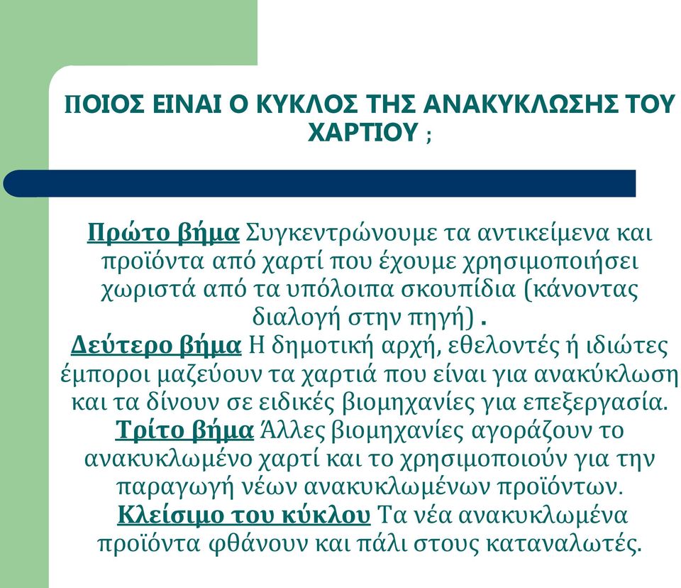 Δεύτερο βήμα Η δημοτική αρχή, εθελοντές ή ιδιώτες έμποροι μαζεύουν τα χαρτιά που είναι για ανακύκλωση και τα δίνουν σε ειδικές βιομηχανίες για