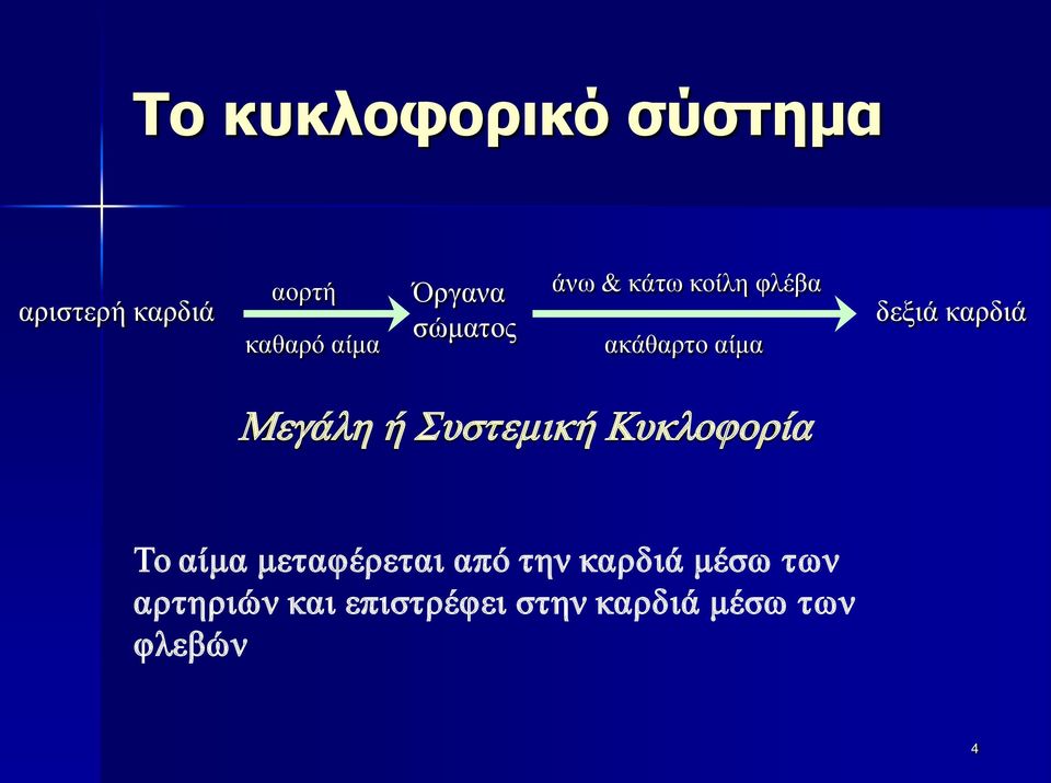 καρδιά Μεγάλη ή Συστεμική Κυκλοφορία Το αίμα μεταφέρεται από