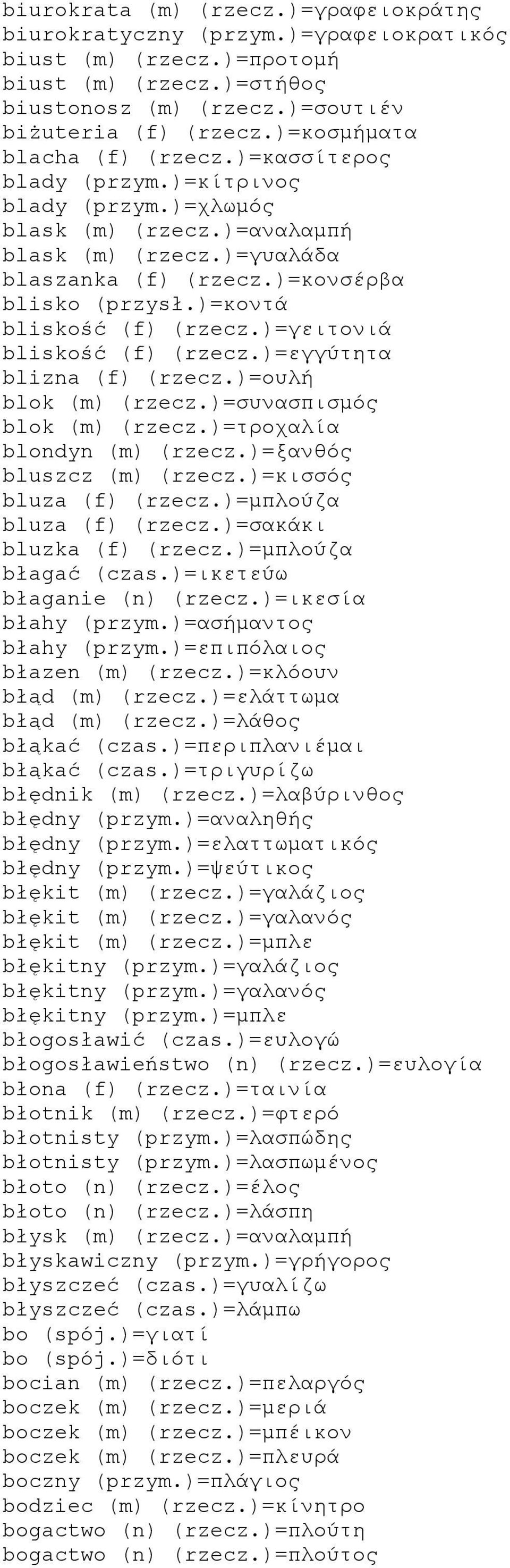 )=κοντά bliskość (f) (rzecz.)=γειτονιά bliskość (f) (rzecz.)=εγγύτητα blizna (f) (rzecz.)=ουλή blok (m) (rzecz.)=συνασπισμός blok (m) (rzecz.)=τροχαλία blondyn (m) (rzecz.)=ξανθός bluszcz (m) (rzecz.