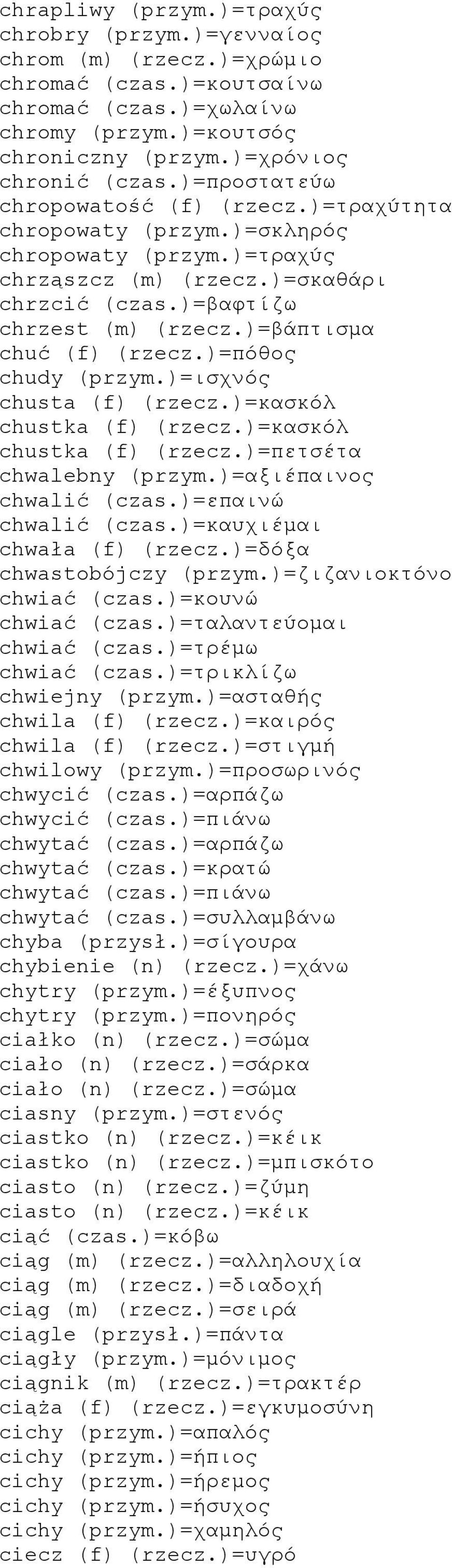 )=βάπτισμα chuć (f) (rzecz.)=πόθος chudy (przym.)=ισχνός chusta (f) (rzecz.)=κασκόλ chustka (f) (rzecz.)=κασκόλ chustka (f) (rzecz.)=πετσέτα chwalebny (przym.)=αξιέπαινος chwalić (czas.