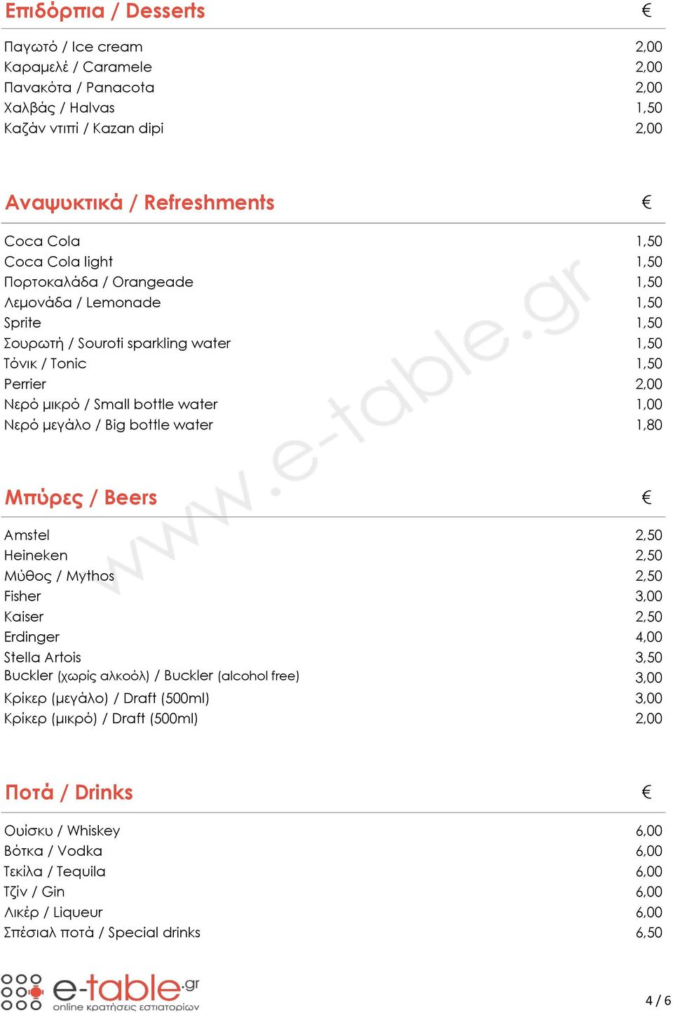 Big bottle water 1,80 Μπύρες / Beers Amstel 2,50 Heineken 2,50 Μύθος / Mythos 2,50 Fisher 3,00 Kaiser 2,50 Erdinger 4,00 Stella Artois 3,50 Buckler (χωρίς αλκοόλ) / Buckler (alcohol free) 3,00 Κρίκερ