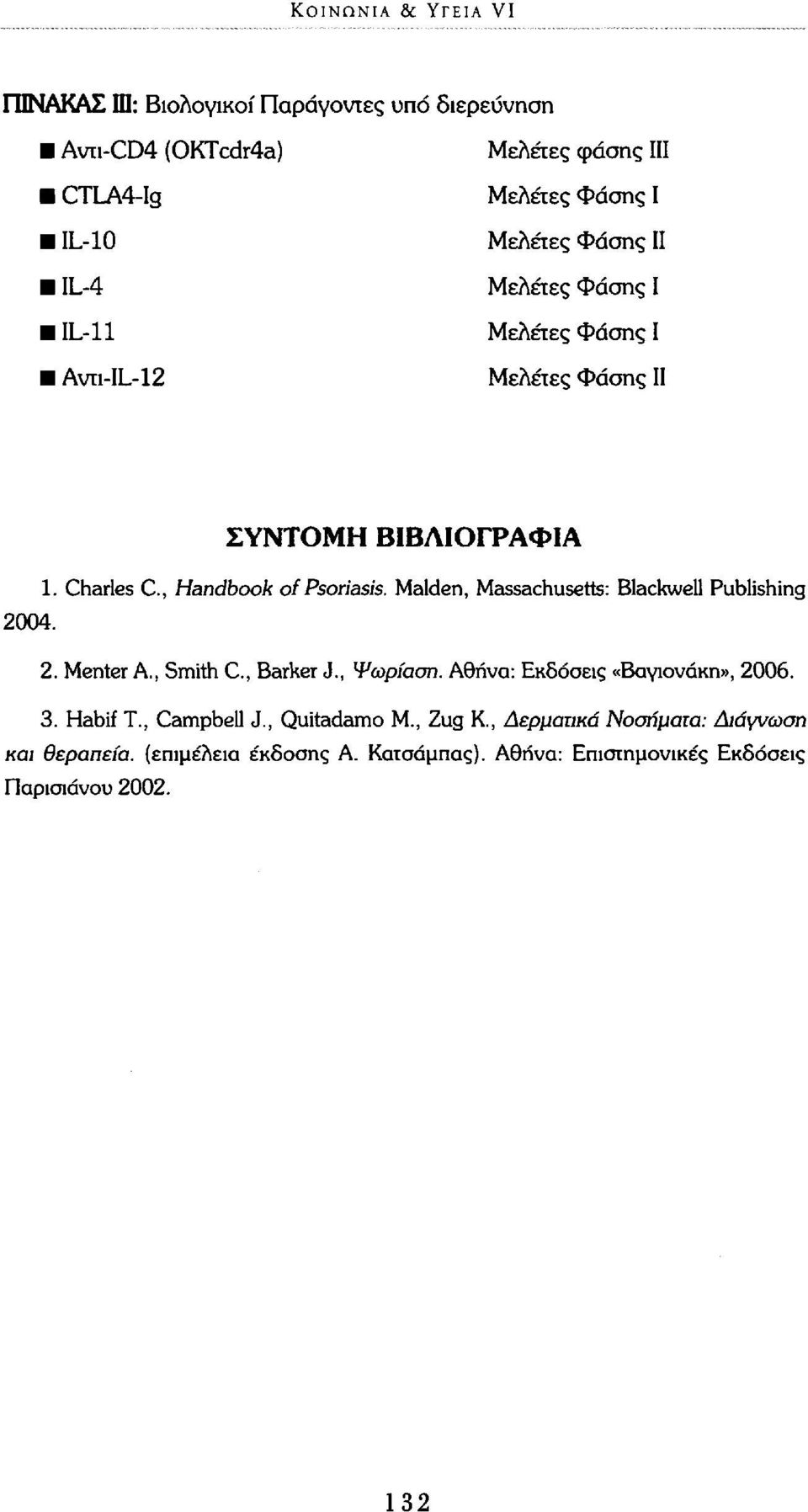 Maiden, Massachusetts: Blackwell Publishing 2004. 2. Menter Α., Smith C, Barker J., Ψωρίαση. Αθήνα: Εκδόσεις «Βαγιονάκη», 2006. 3. Habif T.