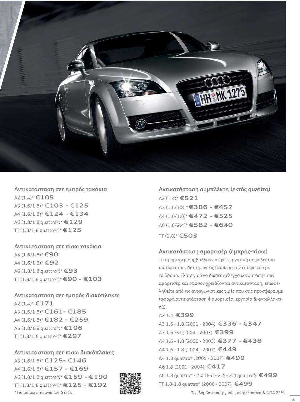 6/1.8)* 125-146 A4 (1.6/1.8)* 157-169 A6 (1.8/1.8 quattro )* 159-190 TT (1.8/1.8 quattro )* 125-192 * Για αυτοκίνητα άνω των 5 ετών. Αντικατάσταση συμπλέκτη (εκτός quattro) A2 (1.4)* 521 A3 (1.6/1.8)* 386-457 A4 (1.