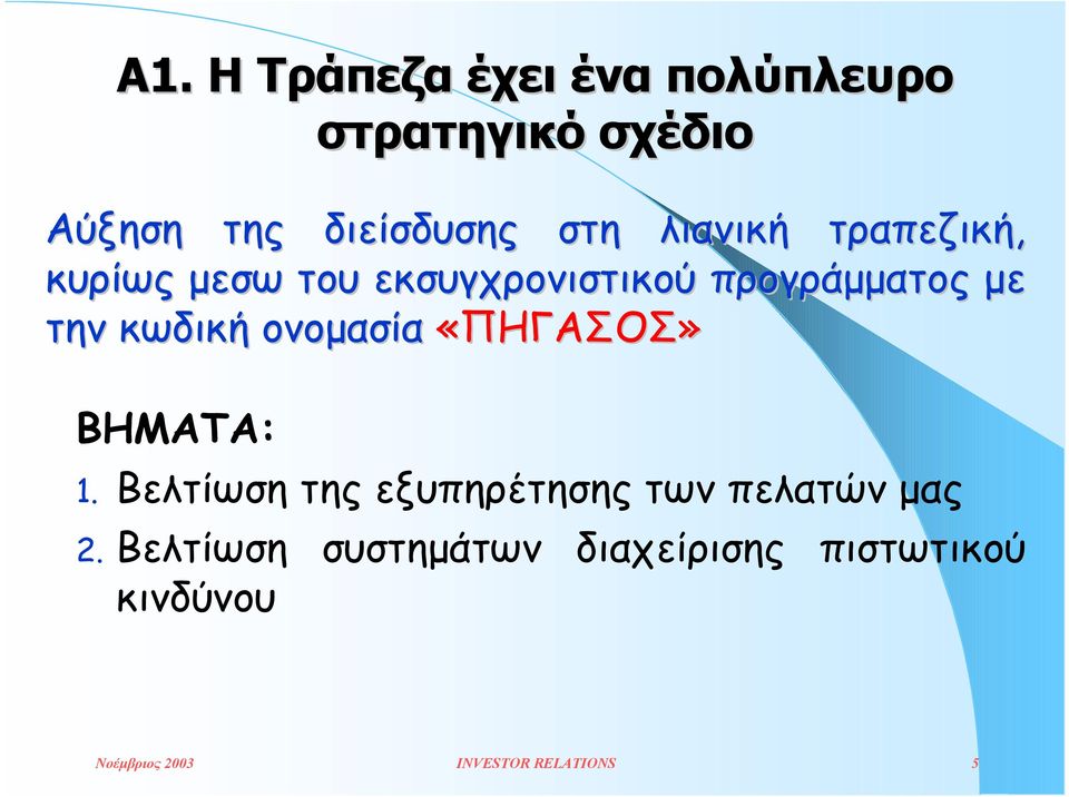 ονοµασία «ΠΗΓΑΣΟΣ» ΒΗΜΑΤΑ: 1. Βελτίωση της εξυπηρέτησης των πελατών µας 2.