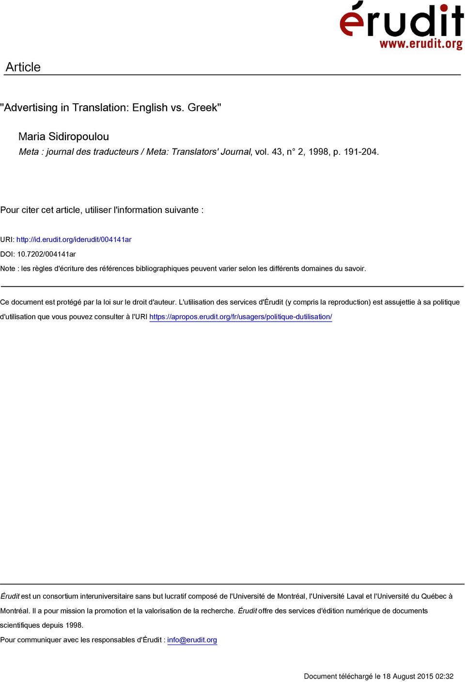 7202/004141ar Note : les règles d'écriture des références bibliographiques peuvent varier selon les différents domaines du savoir. Ce document est protégé par la loi sur le droit d'auteur.