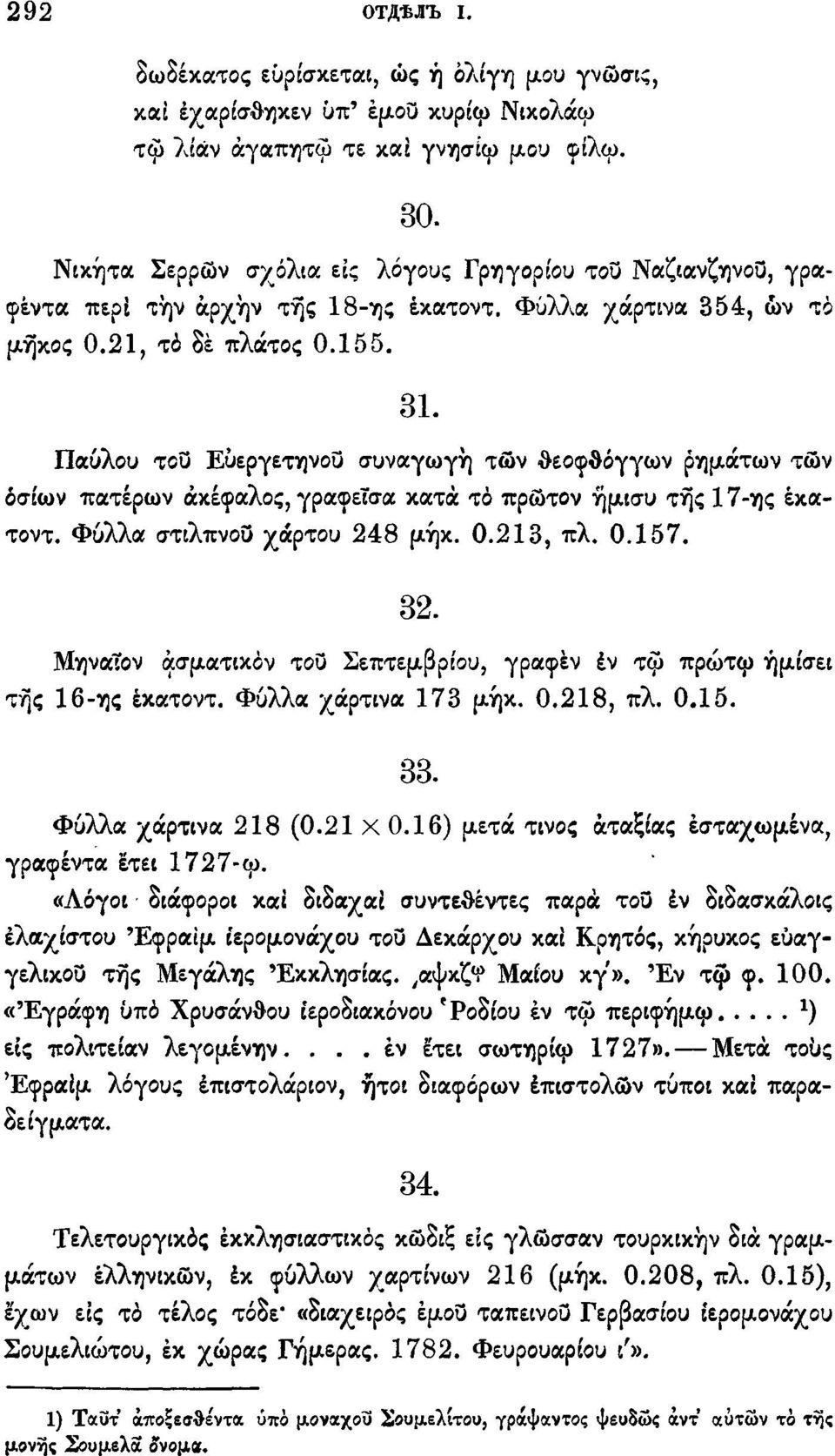 Παύλου του Ευεργετηνου συναγωγή των θεοφθόγγων ρημάτων των οσίων πατέρων ακέφαλος, γραφεΐσα κατά τό πρώτον ήμισυ της 17-ης έκατοντ. Φύλλα στιλπνού χάρτου 248 μήκ. 0.213, πλ. 0.157. 32.