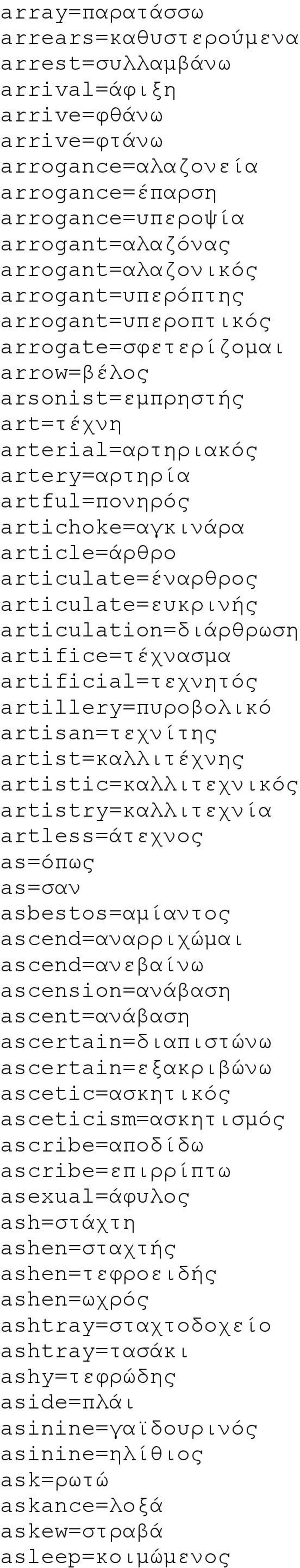 articulate=έναρθρος articulate=ευκρινής articulation=διάρθρωση artifice=τέχνασμα artificial=τεχνητός artillery=πυροβολικό artisan=τεχνίτης artist=καλλιτέχνης artistic=καλλιτεχνικός