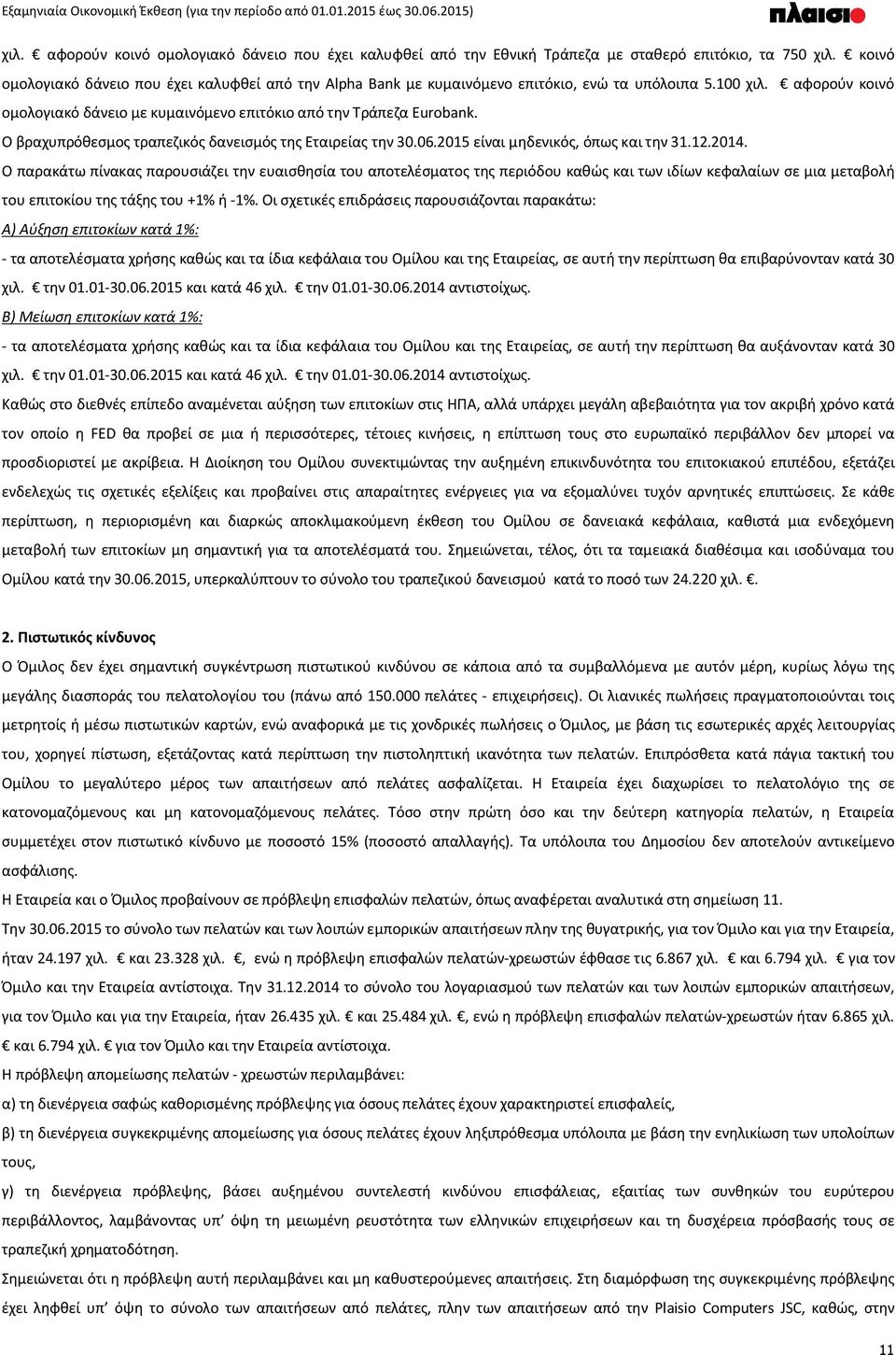 Ο βραχυπρόθεσμος τραπεζικός δανεισμός της Εταιρείας την 30.06.2015 είναι μηδενικός, όπως και την 31.12.2014.