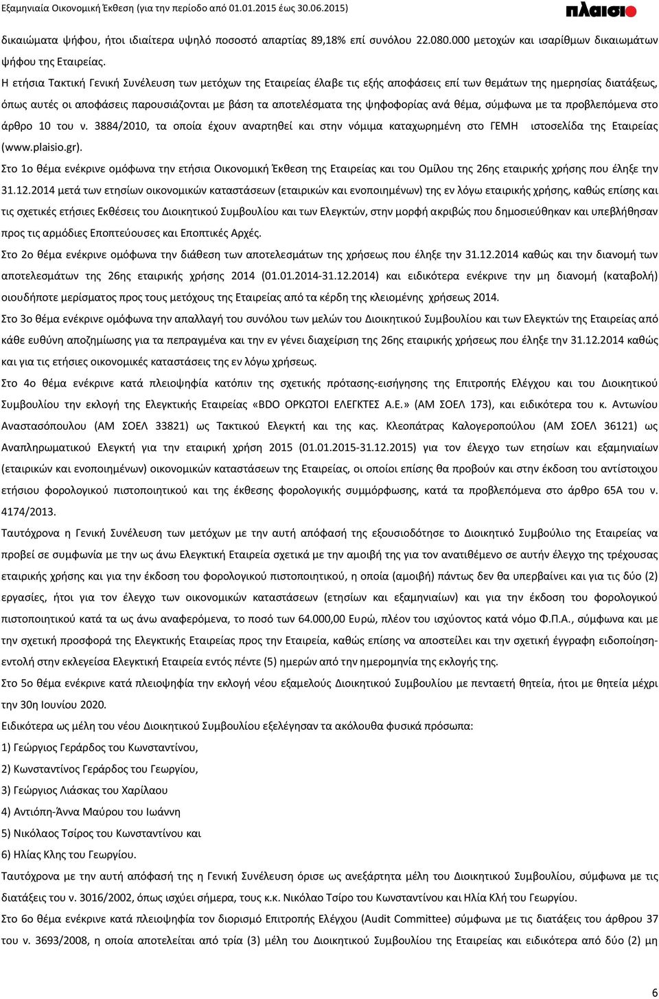 ψηφοφορίας ανά θέμα, σύμφωνα με τα προβλεπόμενα στο άρθρο 10 του ν. 3884/2010, τα οποία έχουν αναρτηθεί και στην νόμιμα καταχωρημένη στο ΓΕΜΗ ιστοσελίδα της Εταιρείας (www.plaisio.gr).