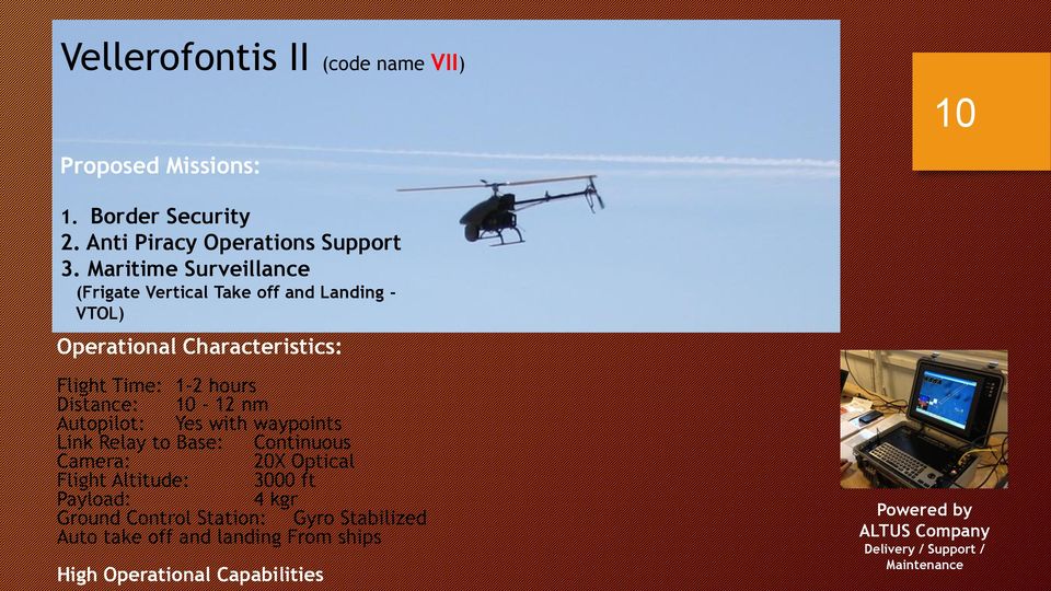 10-12 nm Autopilot: Yes with waypoints Link Relay to Base: Continuous Camera: 20X Optical Flight Altitude: 3000 ft Payload: 4 kgr
