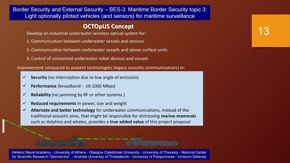 Control of unmanned underwater robot devices and vessels 13 Improvement compared to present technologies (legacy acoustic communications) in: Security (no interception due to low angle of emission)