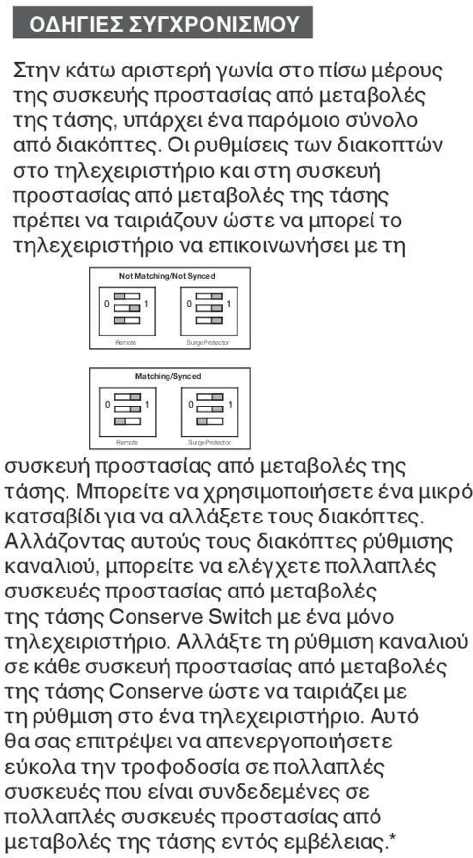 0 1 Remote Surge Protector Matching/Synced 0 1 0 1 Remote Surge Protector συσκευή προστασίας από μεταβολές της τάσης. Μπορείτε να χρησιμοποιήσετε ένα μικρό κατσαβίδι για να αλλάξετε τους διακόπτες.