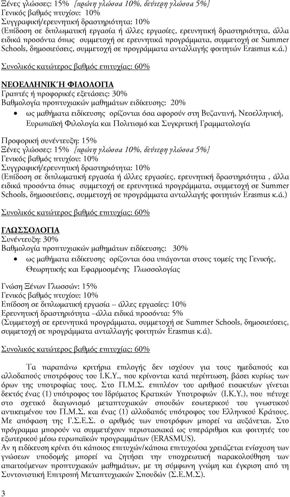 επιτυχίας: 60% ΝΕΟΕΛΛΗΝΙΚΉ ΦΙΛΟΛΟΓΙΑ Γραπτές ή προφορικές εξετάσεις: % Βαθμολογία προπτυχιακών μαθημάτων ειδίκευσης: 20% ως μαθήματα ειδίκευσης ορίζονται όσα αφορούν στη Βυζαντινή, Νεοελληνική,