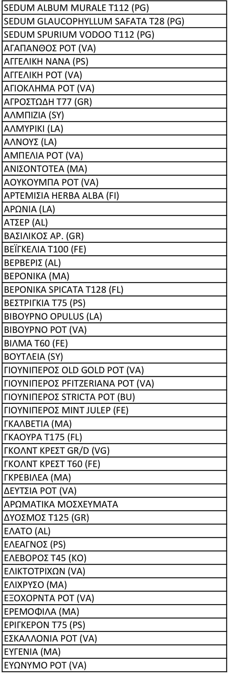 (GR) ΒΕΪΓΚΕΛΙΑ Τ100 (FE) ΒΕΡΒΕΡΙΣ (AL) ΒΕΡΟΝΙΚΑ (ΜΑ) ΒΕΡΟΝΙΚΑ SPICATA Τ128 (FL) ΒΕΣΤΡΙΓΚΙΑ Τ75 (PS) ΒΙΒΟΥΡΝΟ OPULUS (LA) ΒΙΒΟΥΡΝΟ ΡΟΤ (VA) ΒΙΛΜΑ Τ60 (FE) ΒΟΥΤΛΕΙΑ (SY) ΓΙΟΥΝΙΠΕΡΟΣ OLD GOLD ΡΟΤ (VA)