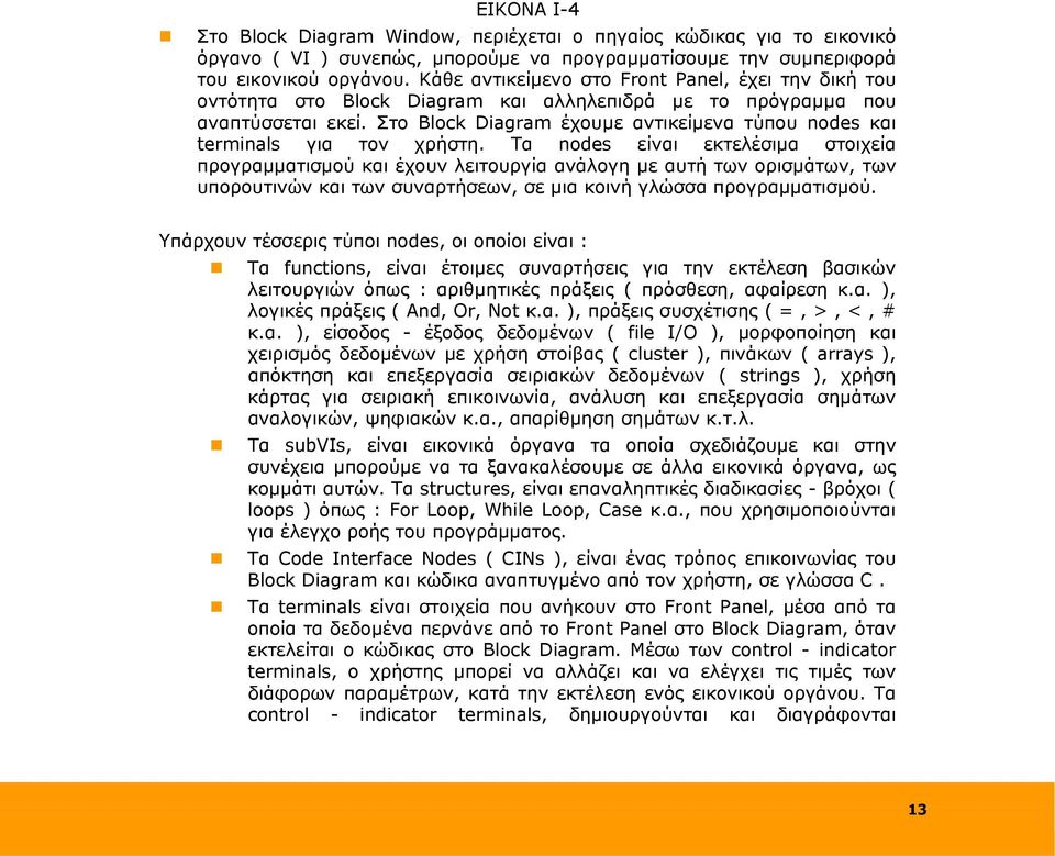 Στο Block Diagram έχουμε αντικείμενα τύπου nodes και terminals για τον χρήστη.