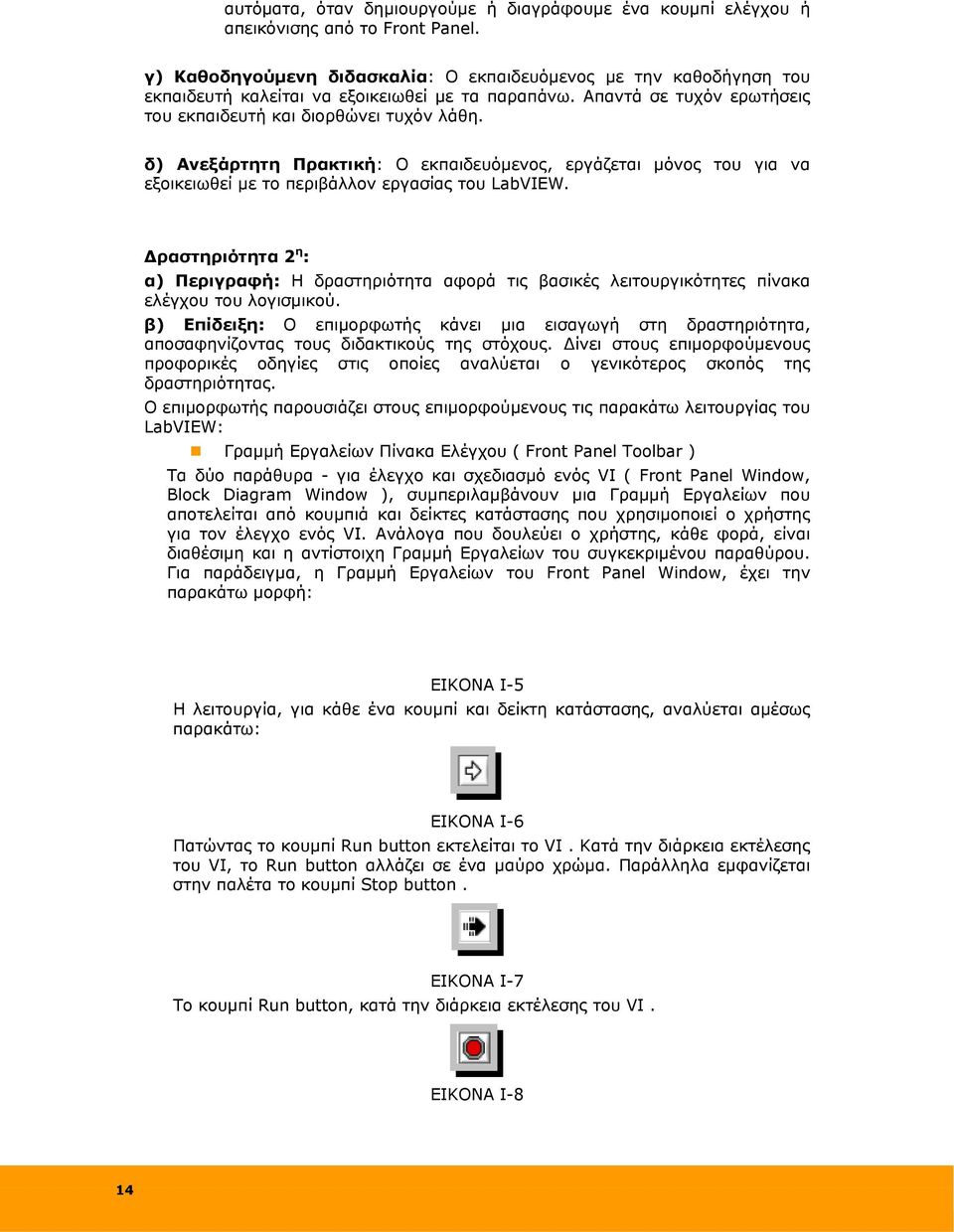 δ) Ανεξάρτητη Πρακτική: Ο εκπαιδευόμενος, εργάζεται μόνος του για να εξοικειωθεί με το περιβάλλον εργασίας του LabVIEW.