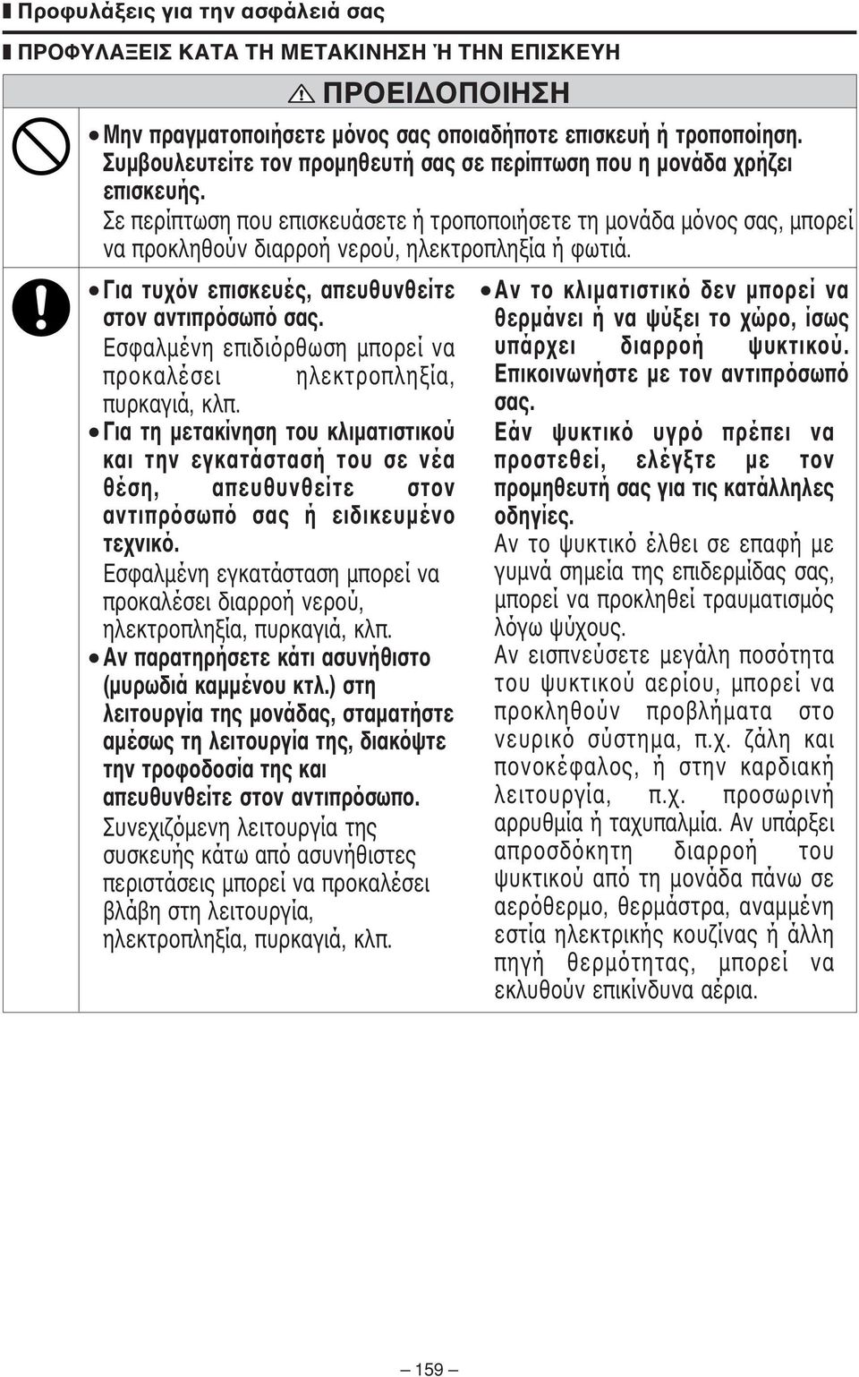Σε περίπτωση που επισκευάσετε ή τροποποιήσετε τη µονάδα µόνος σας, µπορεί να προκληθούν διαρροή νερού, ηλεκτροπληξία ή φωτιά. Για τυχόν επισκευές, απευθυνθείτε στον αντιπρόσωπό σας.
