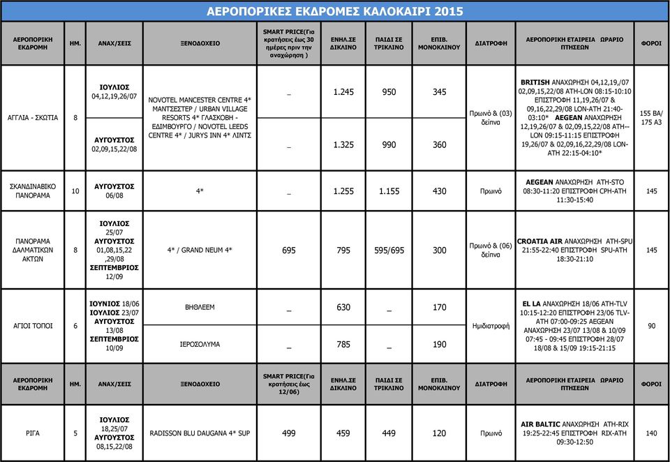 325 990 30 & (03) δείπνα BRITISH ΑΝΑΧΩΡΗΣΗ 04,12,19,/0 02,09,15,22/08 ATH-LON 08:15-10:10 ΕΠΙΣΤΡΟΦΗ 11,19,2/0 & 09,1,22,29/08 LON-ATH 21:40-03:10* AEGEAN ΑΝΑΧΩΡΗΣΗ 12,19,2/0 & 02,09,15,22/08 ATH--
