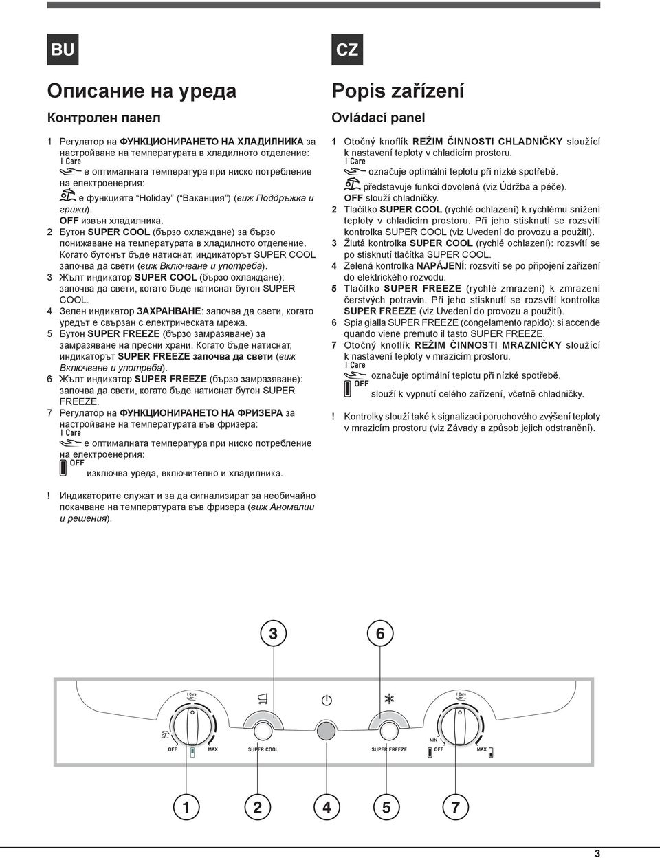 Při jeho stisknutí se rozsvítí kontrolka SUPER COOL (viz Uvedení do provozu a použití). 3 Žlutá kontrolka SUPER COOL (rychlé ochlazení): rozsvítí se po stisknutí tlačítka SUPER COOL.