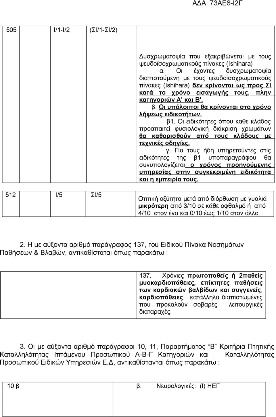Οι υπόλοιποι θα κρίνονται στο χρόνο λήψεως ειδικοτήτων. β1. Οι ειδικότητες όπου καθε κλάδος προαπαιτεί φυσιολογική διάκριση χρωμάτων θα καθορισθούν από τους κλάδους με τεχνικές οδηγίες. γ.