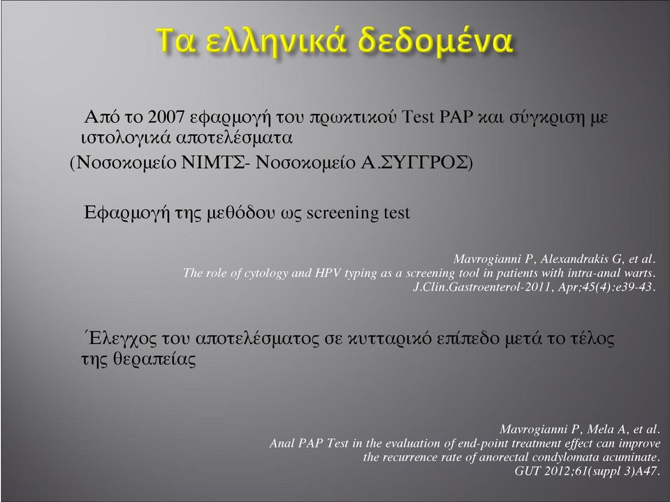 The role of cytology and HPV typing as a screening tool in patients with intra-anal warts. J.Clin.Gastroenterol-2011, Apr;45(4):e39-43.