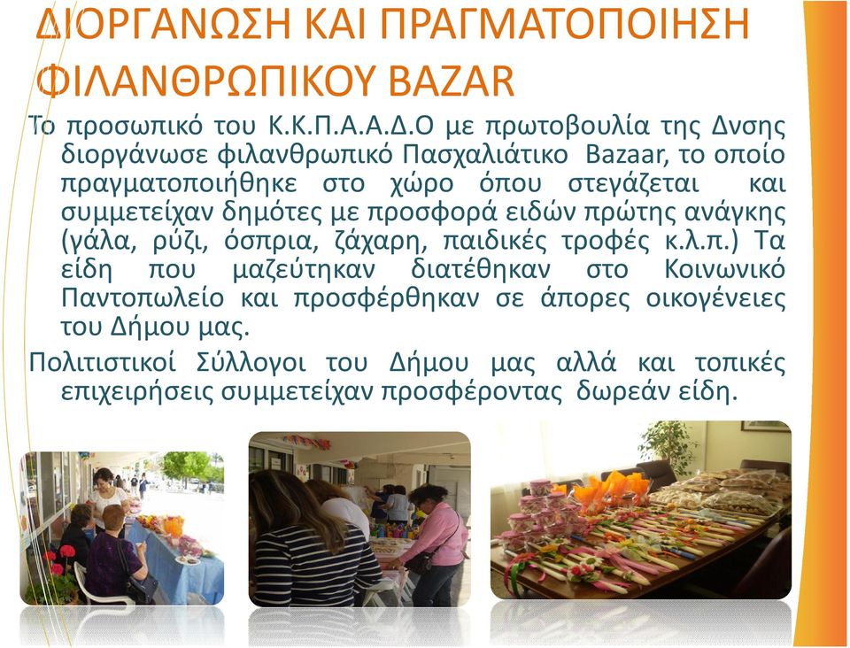(γάλα, ρύζι, όσπρια, ζάχαρη, παιδικές τροφές κ.λ.π.) Τα είδη που μαζεύτηκαν διατέθηκαν στο Κοινωνικό Παντοπωλείο και προσφέρθηκαν σε άπορες οικογένειες του Δήμου μας.