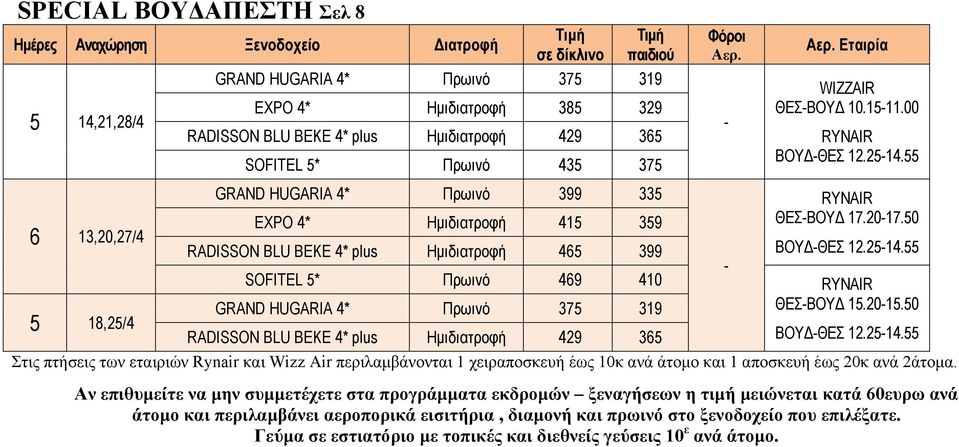 50 6 13,20,27/4 RADISSON BLU BEKE 4* plus Ημιδιατροφή 465 399 BOYΔ-ΘΕΣ 12.25-14.55 - SOFITEL 5* 469 410 RYNAIR GRAND HUGARIA 4* 375 319 ΘΕΣ-ΒΟΥΔ 15.20-15.