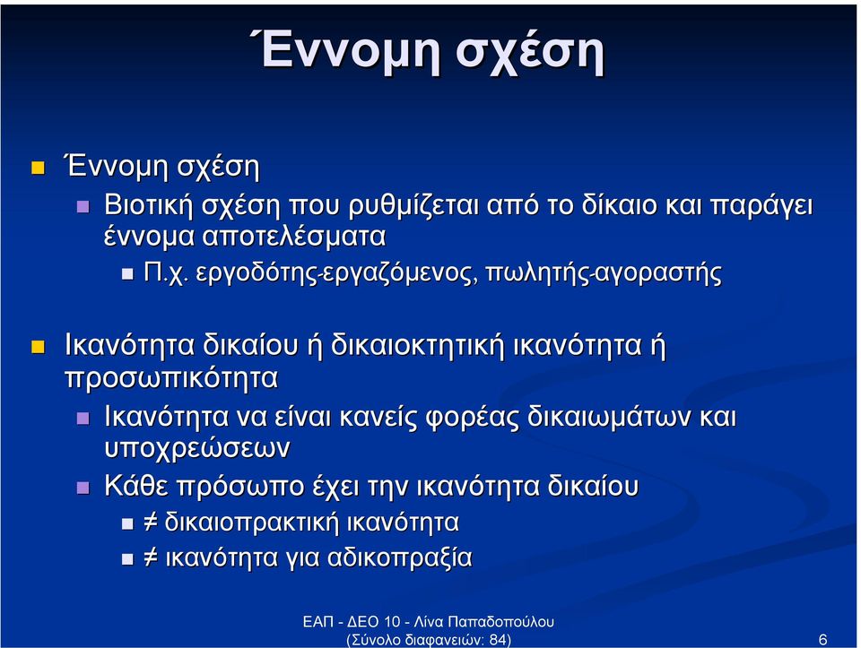 εργοδότης-εργαζόµενος εργαζόµενος, πωλητής-αγοραστής Ικανότητα δικαίου ή δικαιοκτητική