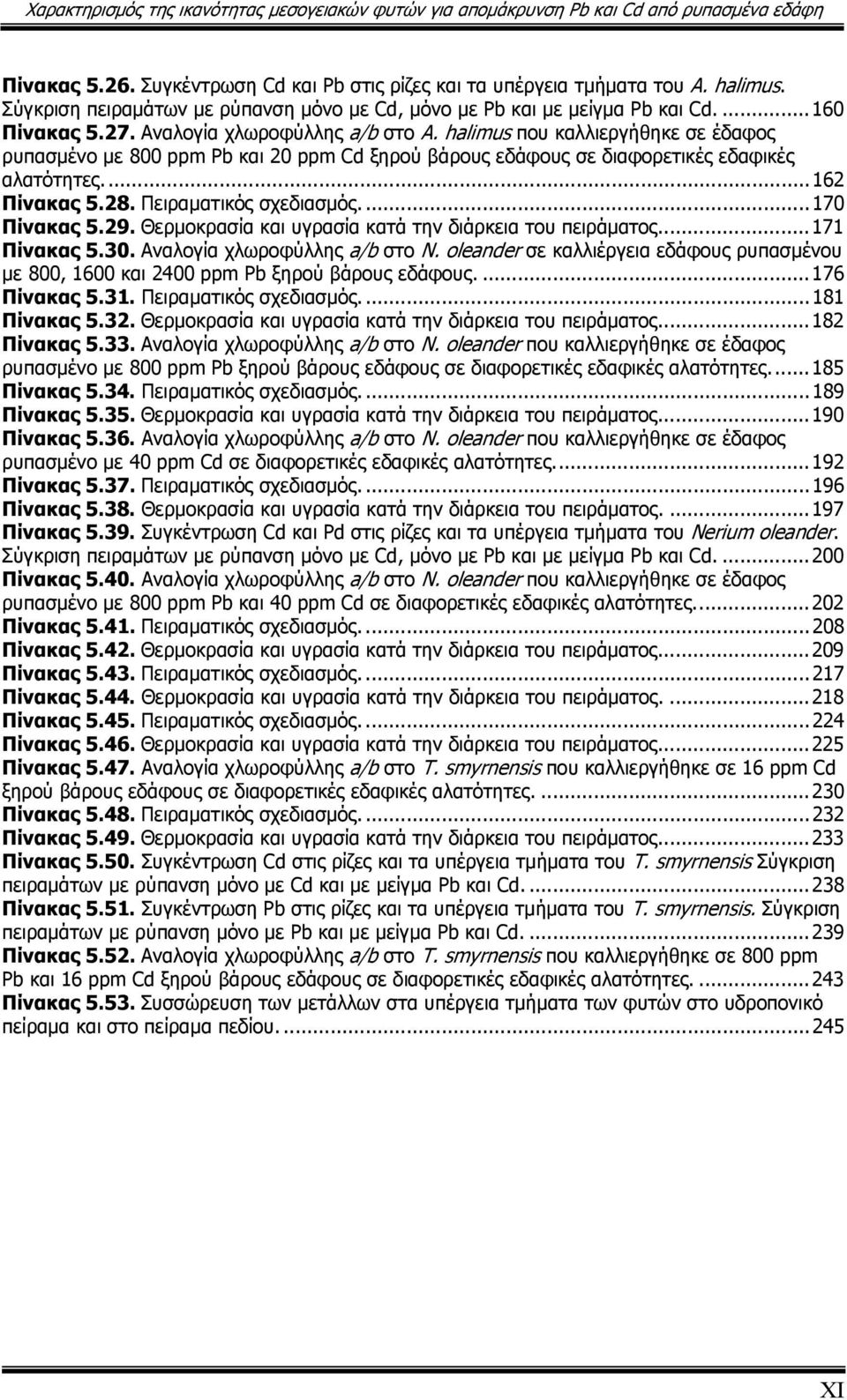 halimus που καλλιεργήθηκε σε έδαφος ρυπασμένο με 800 ppm Pb και 20 ppm Cd ξηρού βάρους εδάφους σε διαφορετικές εδαφικές αλατότητες...162 Πίνακας 5.28. Πειραματικός σχεδιασμός....170 Πίνακας 5.29.