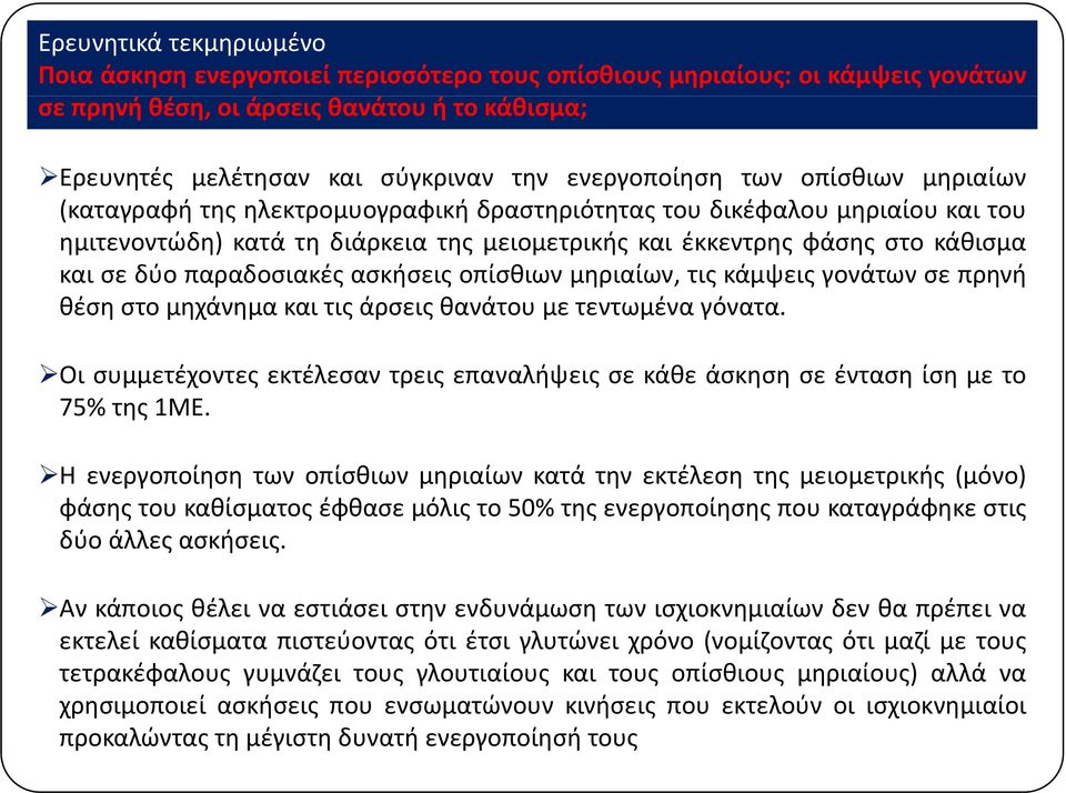 σε δύο παραδοσιακές ασκήσεις οπίσθιων μηριαίων, τις κάμψεις γονάτων σε πρηνή θέση στο μηχάνημα και τις άρσεις θανάτου με τεντωμένα γόνατα.