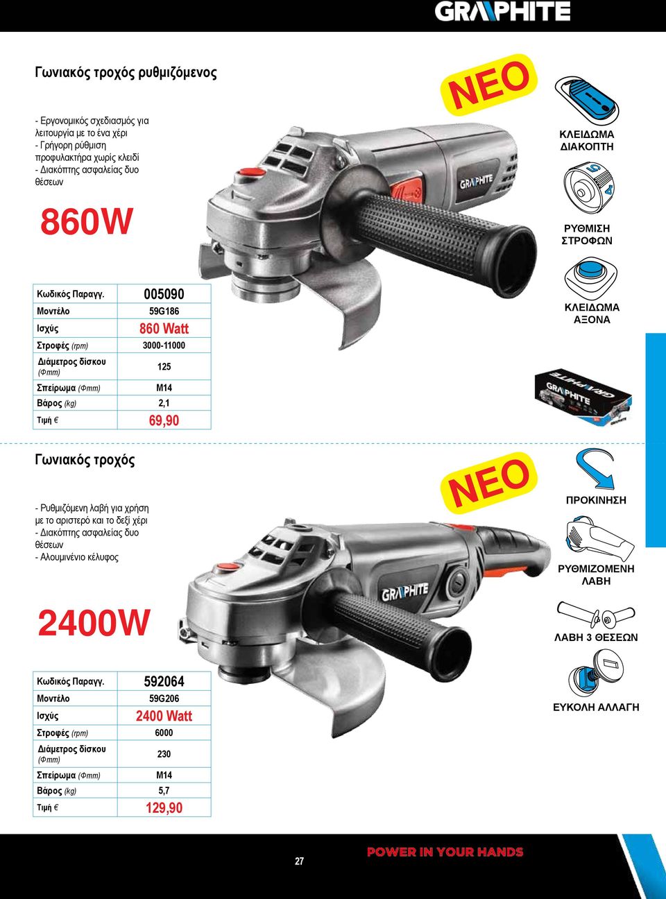 005090 59G186 860 Watt Στροφές (rpm) 3000-11000 Διάμετρος δίσκου (Φmm) Σπείρωμα (Φmm) 125 Μ14 Βάρος (kg) 2,1 69,90 ΚΛΕΙΔΩΜΑ SPINDLE ΑΞΟΝΑ LOCK Γωνιακός τροχός - Ρυθμιζόμενη λαβή για χρήση με