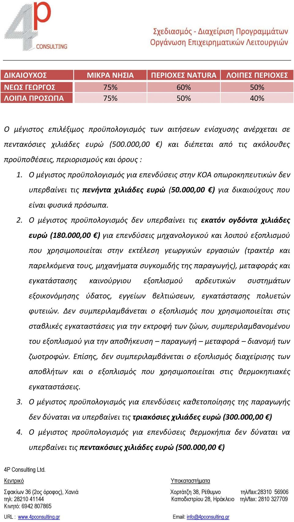Ο μέγιστος προϋπολογισμός για επενδύσεις στην ΚΟΑ οπωροκηπευτικών δεν υπερβαίνει τις πενήντα χιλιάδες ευρώ (50.000,00 ) για δικαιούχους που είναι φυσικά πρόσωπα. 2.