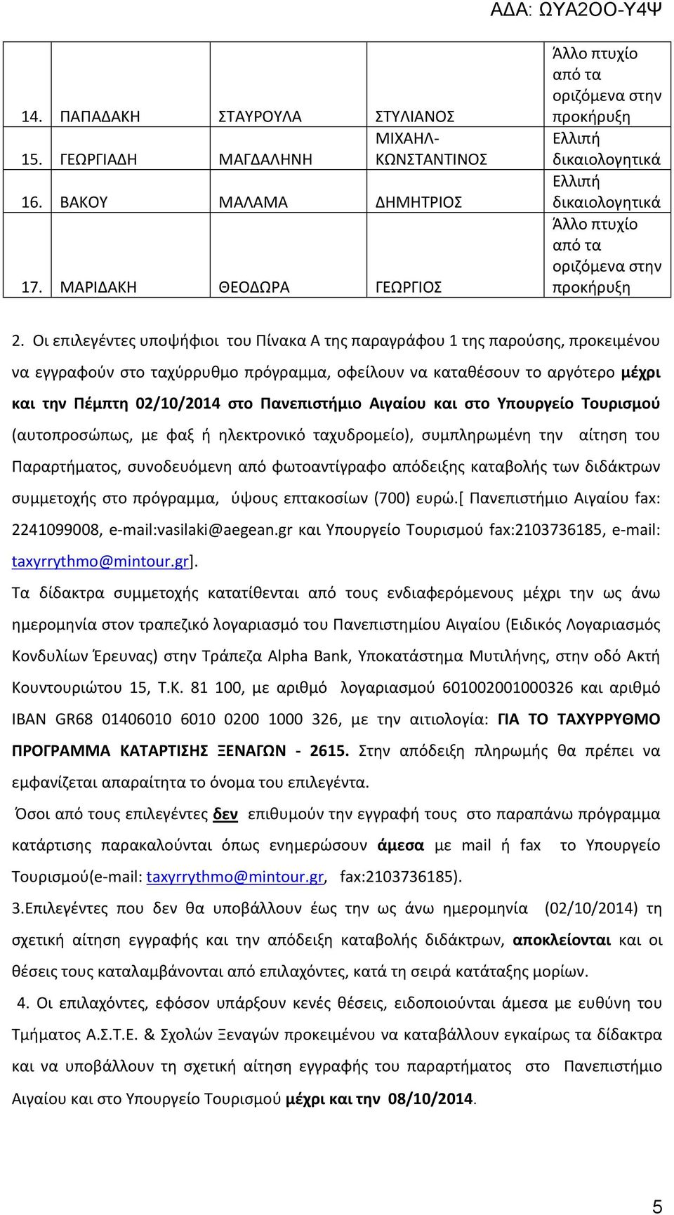 Πανεπιστήμιο Αιγαίου και στο Υπουργείο Τουρισμού (αυτοπροσώπως, με φαξ ή ηλεκτρονικό ταχυδρομείο), συμπληρωμένη την αίτηση του Παραρτήματος, συνοδευόμενη από φωτοαντίγραφο απόδειξης καταβολής των