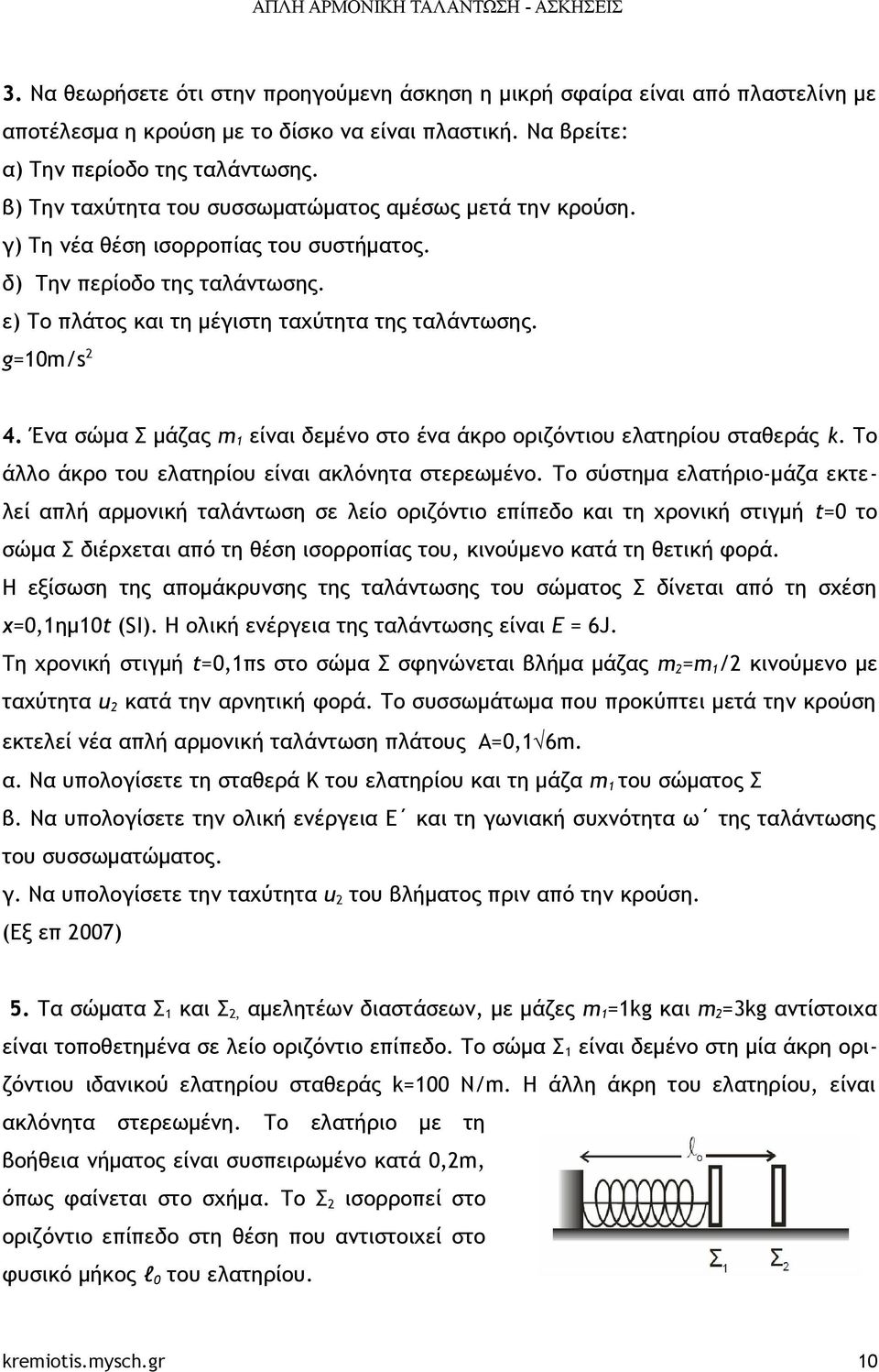 Ένα σώμα Σ μάζας 1 είναι δεμένο στο ένα άκρο οριζόντιου ελατηρίου σταθεράς k. Το άλλο άκρο του ελατηρίου είναι ακλόνητα στερεωμένο.