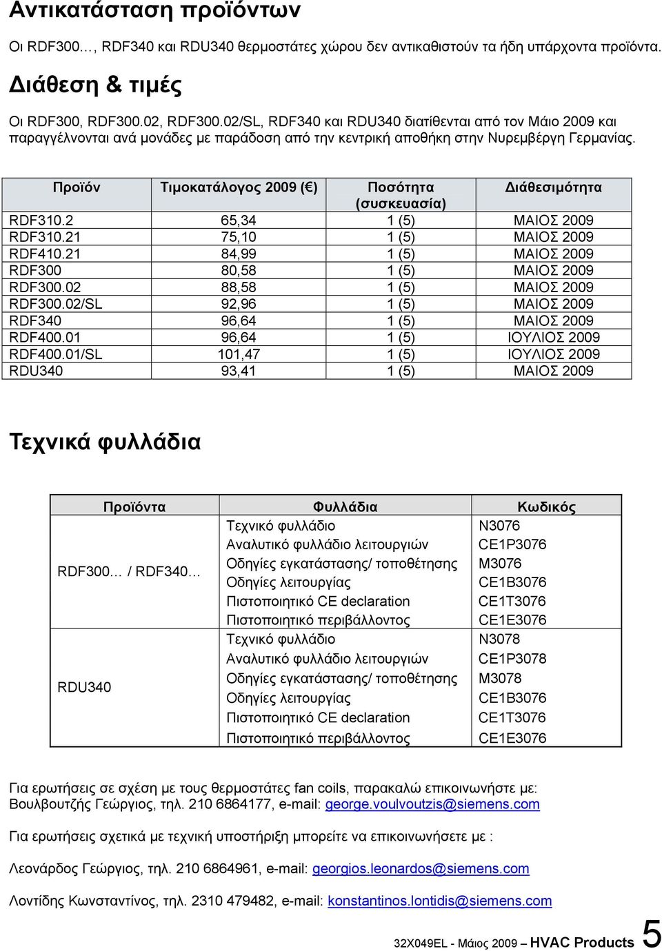 Προϊόν Τιμοκατάλογος 2009 ( ) Ποσότητα Διάθεσιμότητα (συσκευασία) RDF310.2 65,34 1 (5) ΜΑΙΟΣ 2009 RDF310.21 75,10 1 (5) ΜΑΙΟΣ 2009 RDF410.