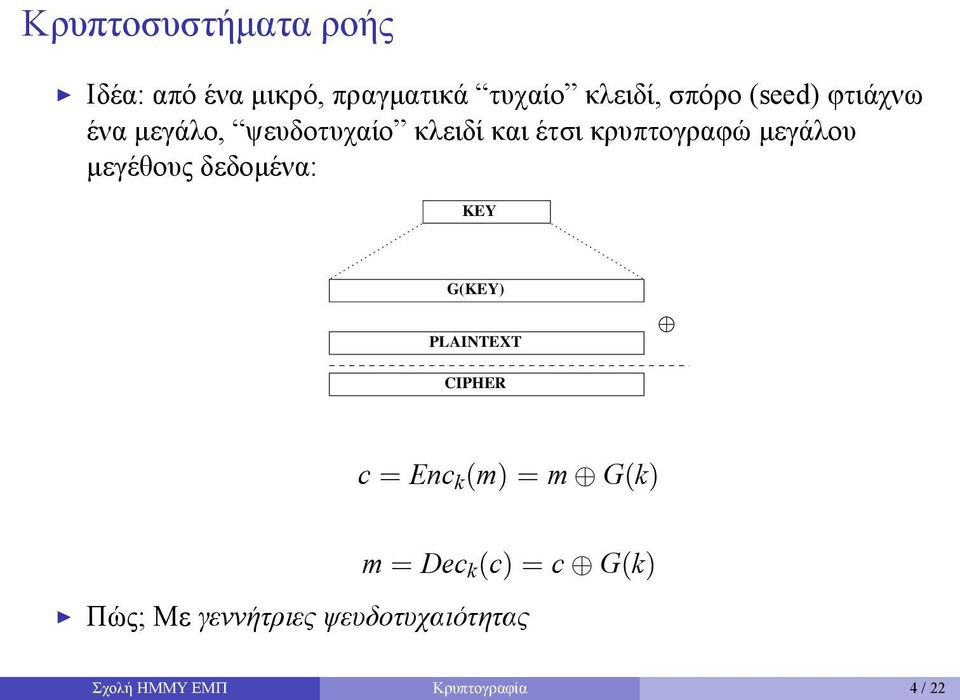 μεγέθους δεδομένα: KEY G(KEY) PLAINTEXT CIPHER c = Enc k (m) = m G(k) m = Dec