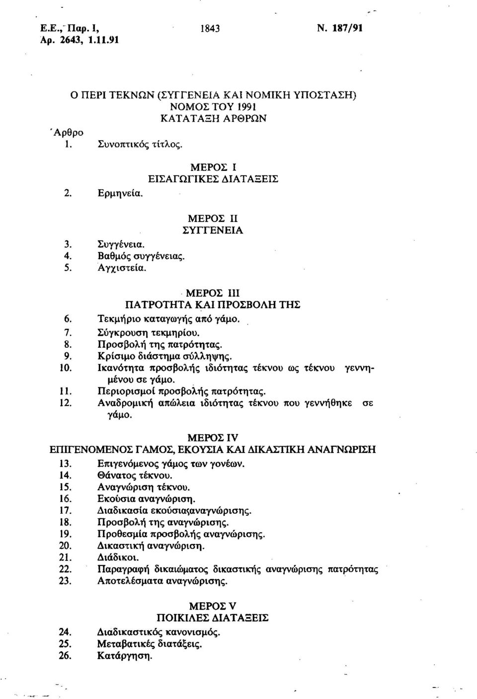 Προσβολή της πατρότητας. 9. Κρίσιμο διάστημα σύλληψης. 10. Ικανότητα προσβολής ιδιότητας τέκνου ως τέκνου γεννημένου σε γάμο. 11. Περιορισμοί προσβολής πατρότητας. 12.