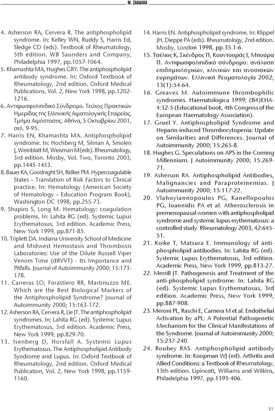 Oxford Medical Publications, Vol. 2, New York 1998, pp.1202-1216. 6. Αντιφωσφολιπιδικό Σύνδρομο. Τεύχος Πρακτικών Ημερίδας της Ελληνικής Αιματολογικής Εταιρείας, Τμήμα Αιμόστασης.
