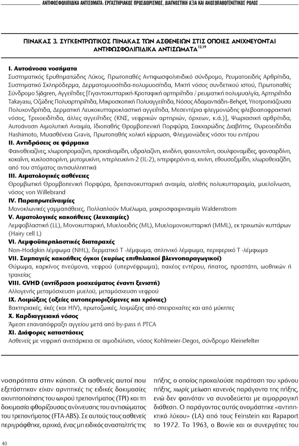 Αυτοάνοσα νοσήματα Συστηματικός Ερυθηματώδης Λύκος, Πρωτοπαθές Αντιφωσφολιπιδικό σύνδρομο, Ρευματοειδής Αρθρίτιδα, Συστηματικό Σκληρόδερμα, Δερματομυοσίτιδα-πολυμυοσίτιδα, Μικτή νόσος συνδετικού