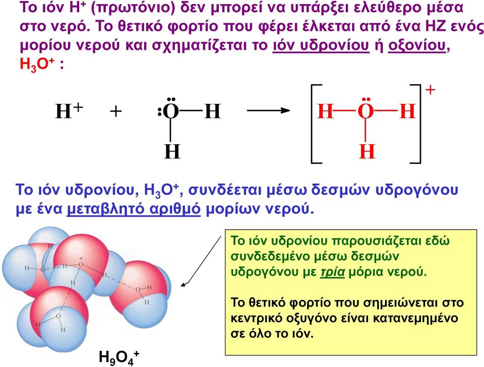 + O H H O H + H H Το ιόν υδρονίου, Η 3 Ο +, συνδέεται μέσω δεσμών υδρογόνου με ένα μεταβλητό αριθμό μορίων νερού.
